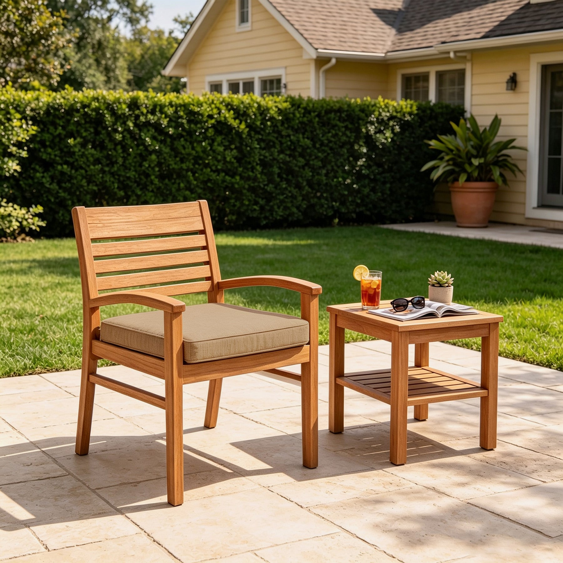 GoodGoods Outdoor Seat Cushion 22x22 in - Brown lifestyle and product view 6