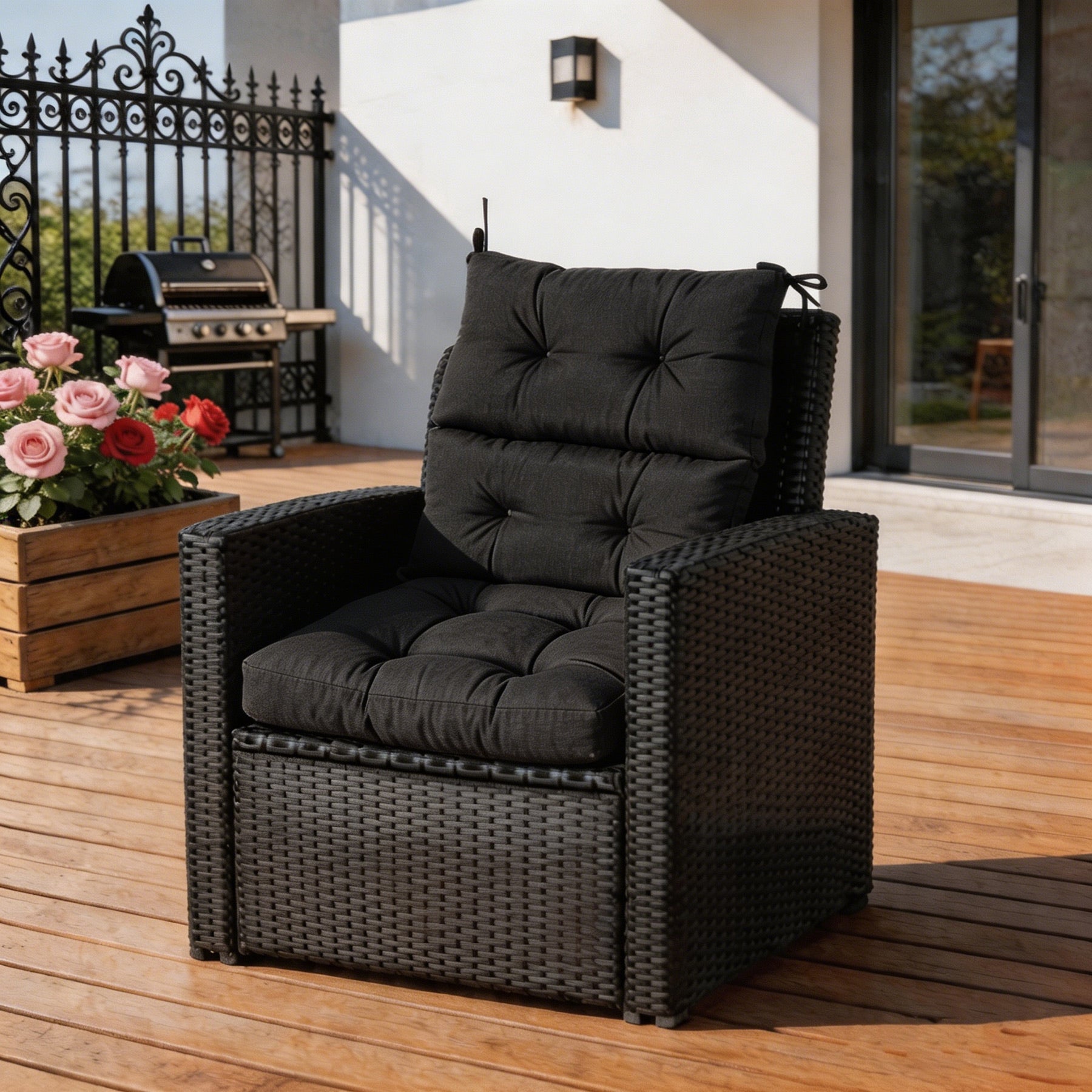 GoodGoods Tufted Outdoor High-Back Chair Cushion 22x44 in - Black lifestyle and product view 4