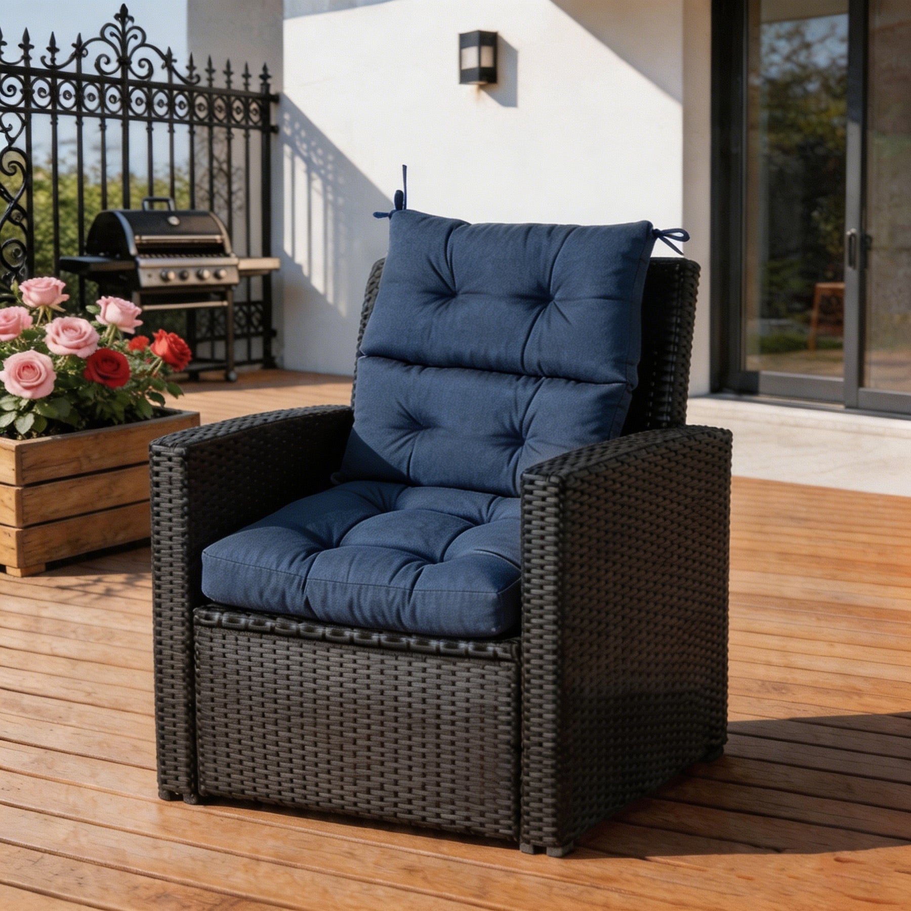 GoodGoods Tufted Outdoor High-Back Chair Cushion 22x44 in - Dark Blue lifestyle and product view 4