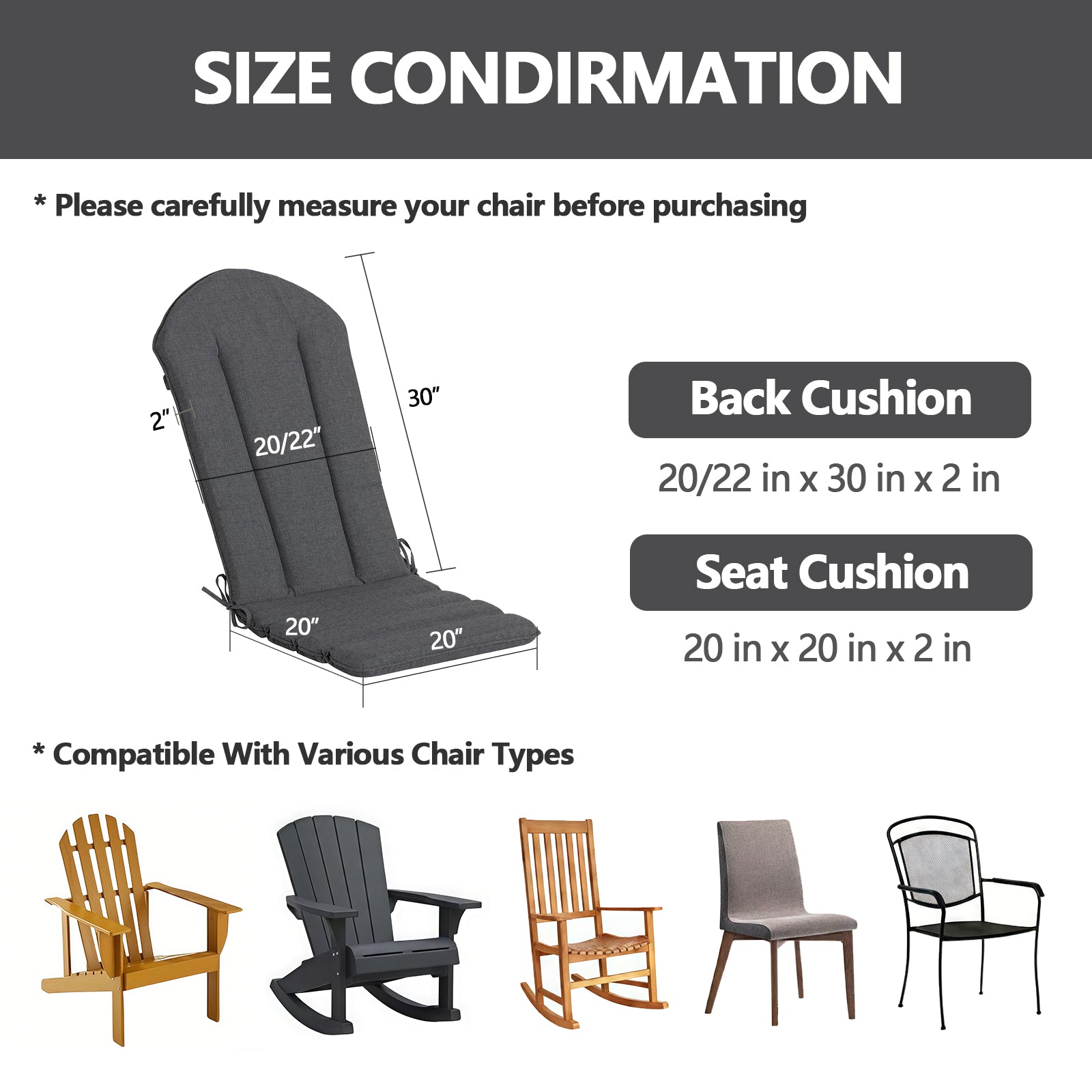 GoodGoods Adirondack Chair Cushion 20x20 in – Charcoal Gray