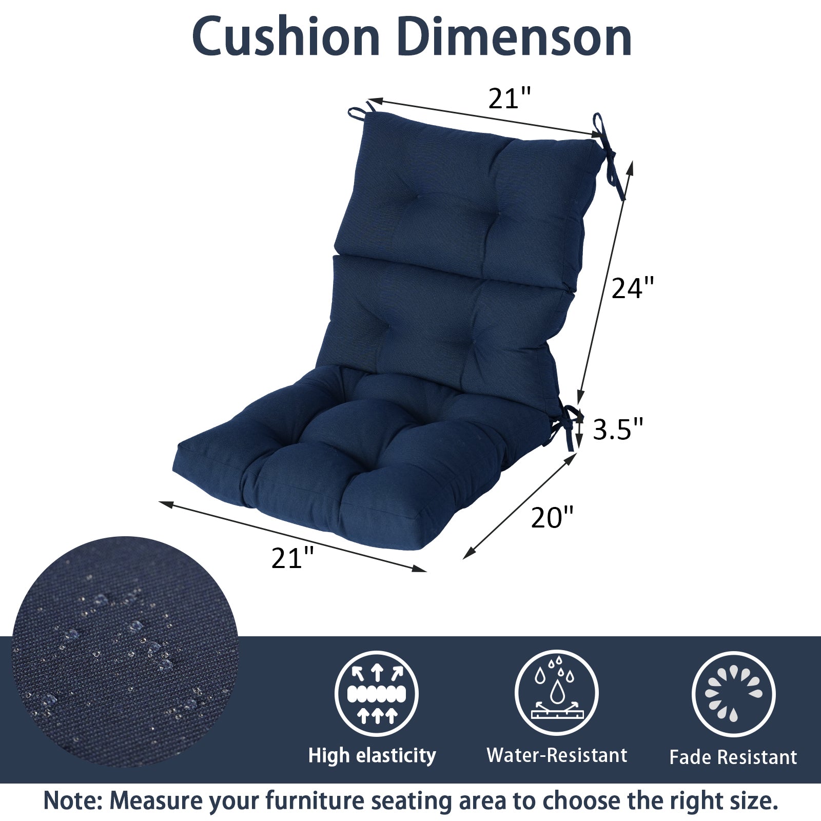 GoodGoods Tufted Outdoor High-Back Chair Cushion 21x44 in - Dark Blue dimensions