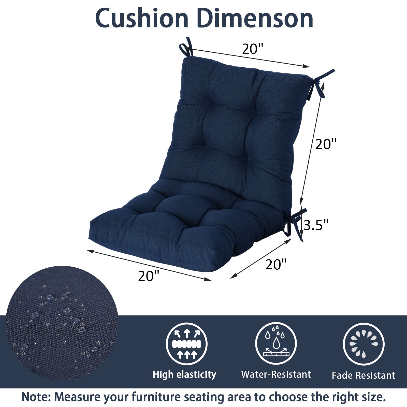 GoodGoods Tufted Outdoor High-Back Chair Cushion 20x40 in - Dark Blue dimensions