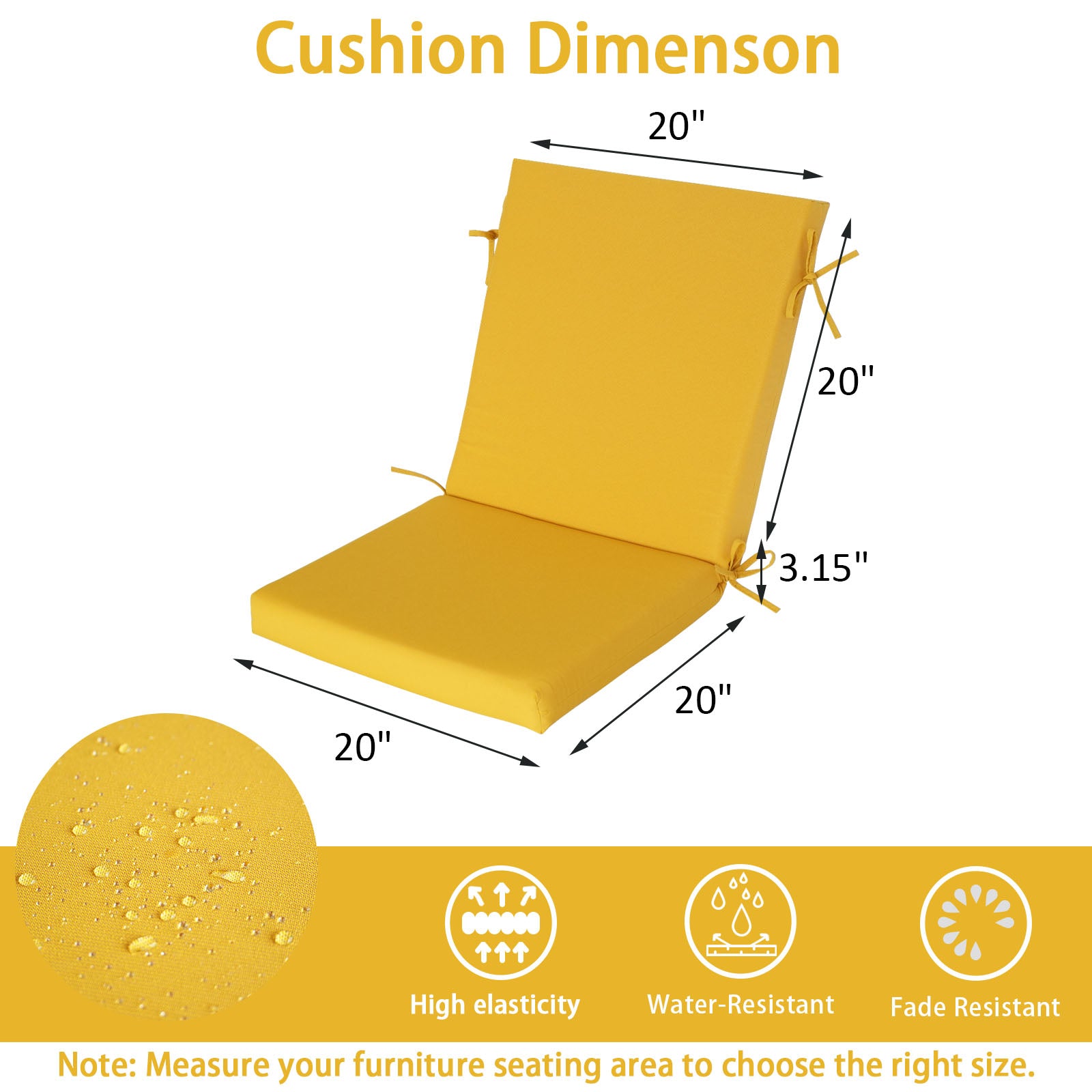 GoodGoods Outdoor High-Back Chair Cushion 20x40 in - Yellow dimensions