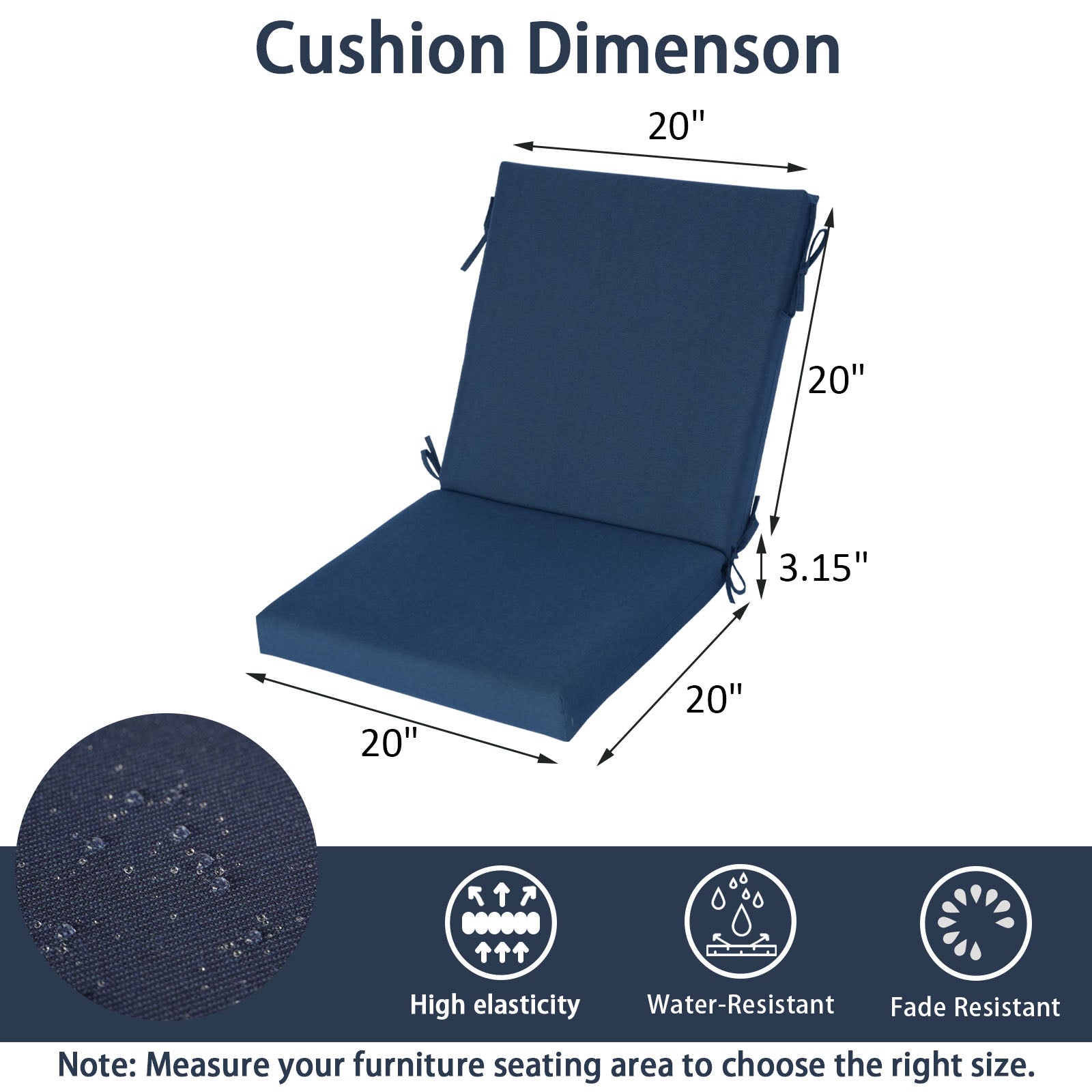 GoodGoods Outdoor High-Back Chair Cushion 20x40 in - Dark Blue dimensions