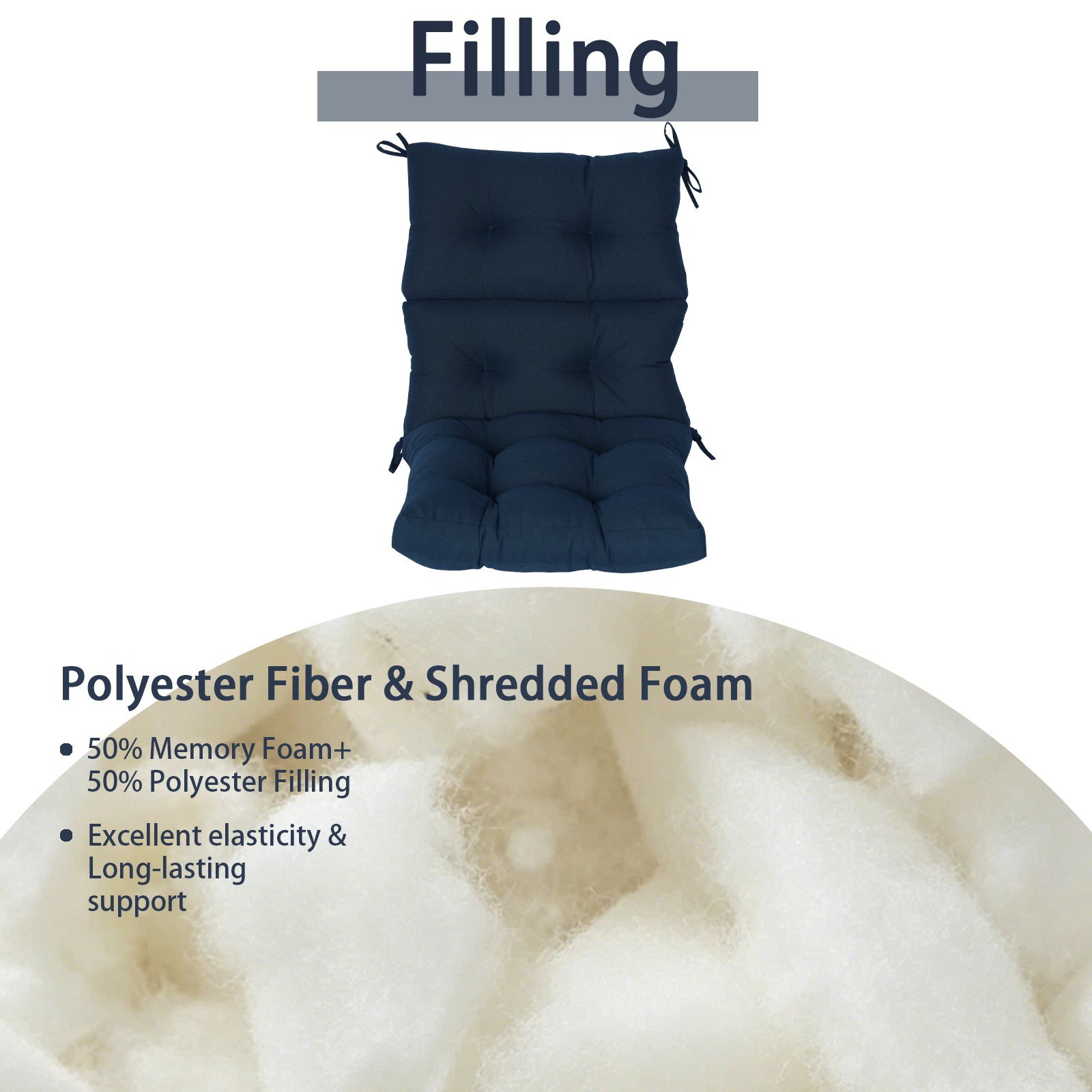 GoodGoods Tufted Outdoor High-Back Chair Cushion 22x44 in - Dark Blue filling and support
