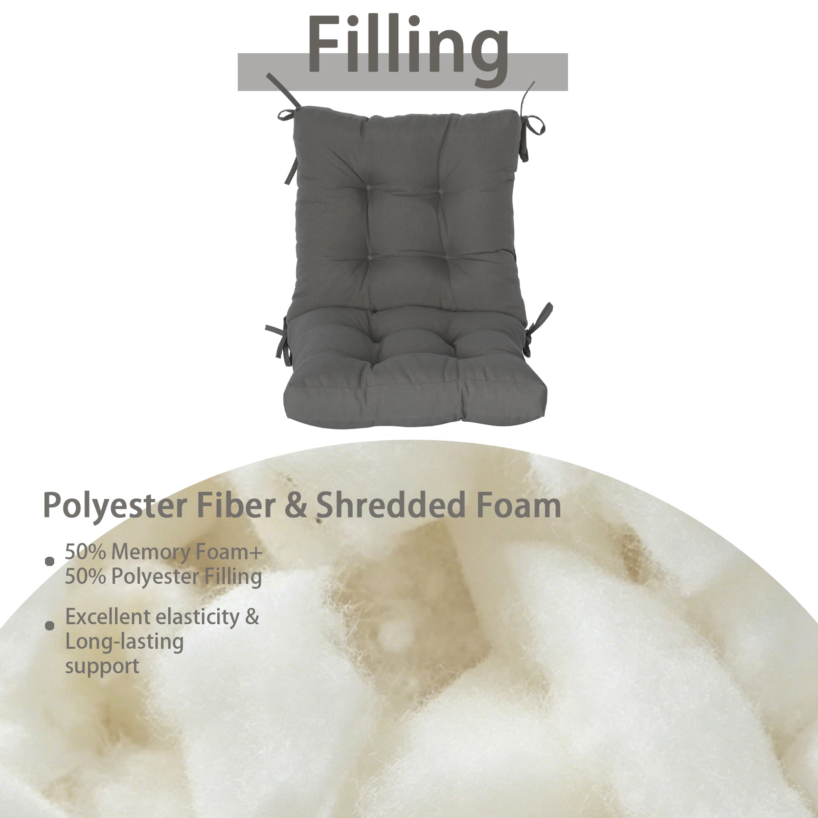 GoodGoods Tufted Outdoor High-Back Chair Cushion 20x40 in - Gray filling and support