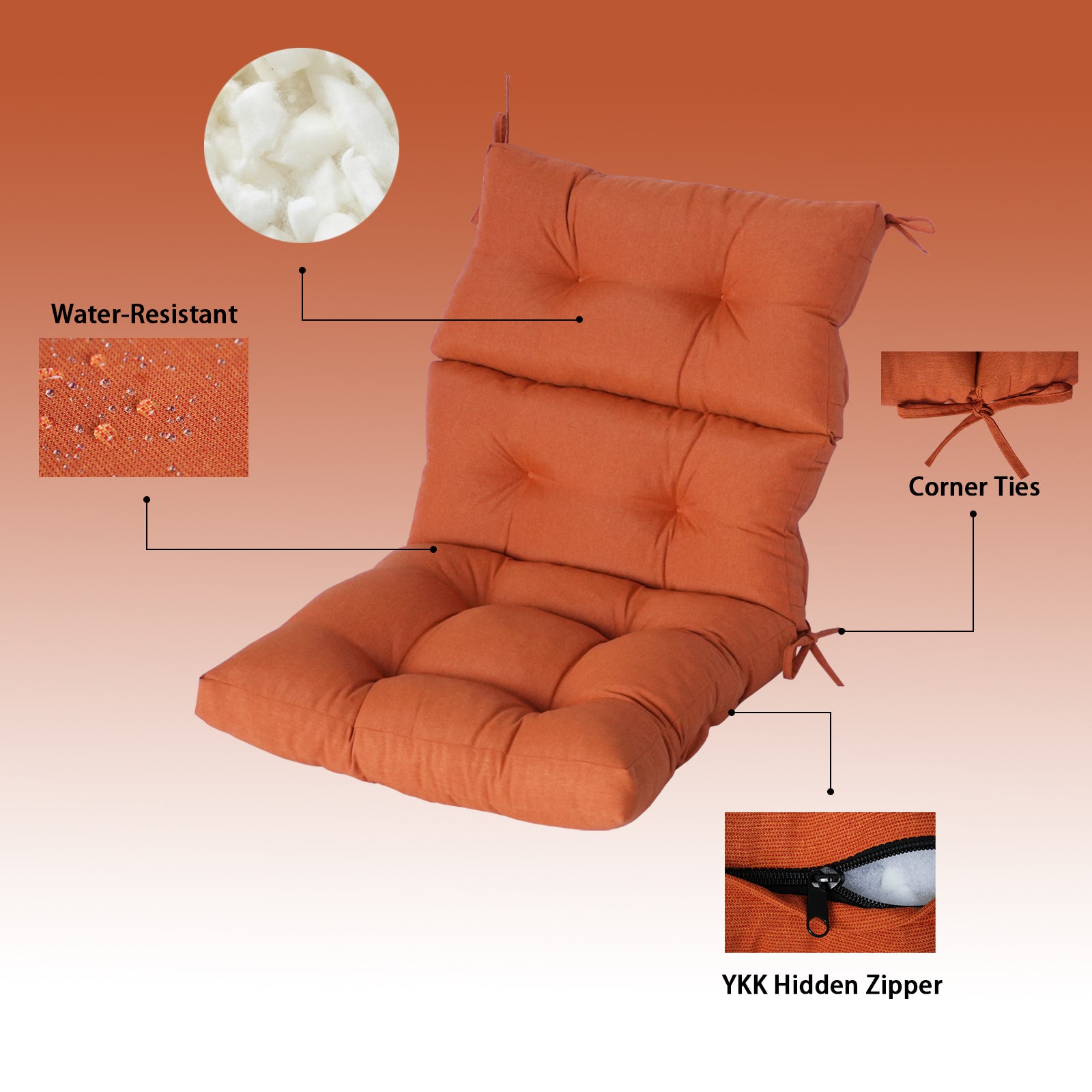 GoodGoods Tufted Outdoor High-Back Chair Cushion 22x44 in - Orange water-resistant fabric and construction details
