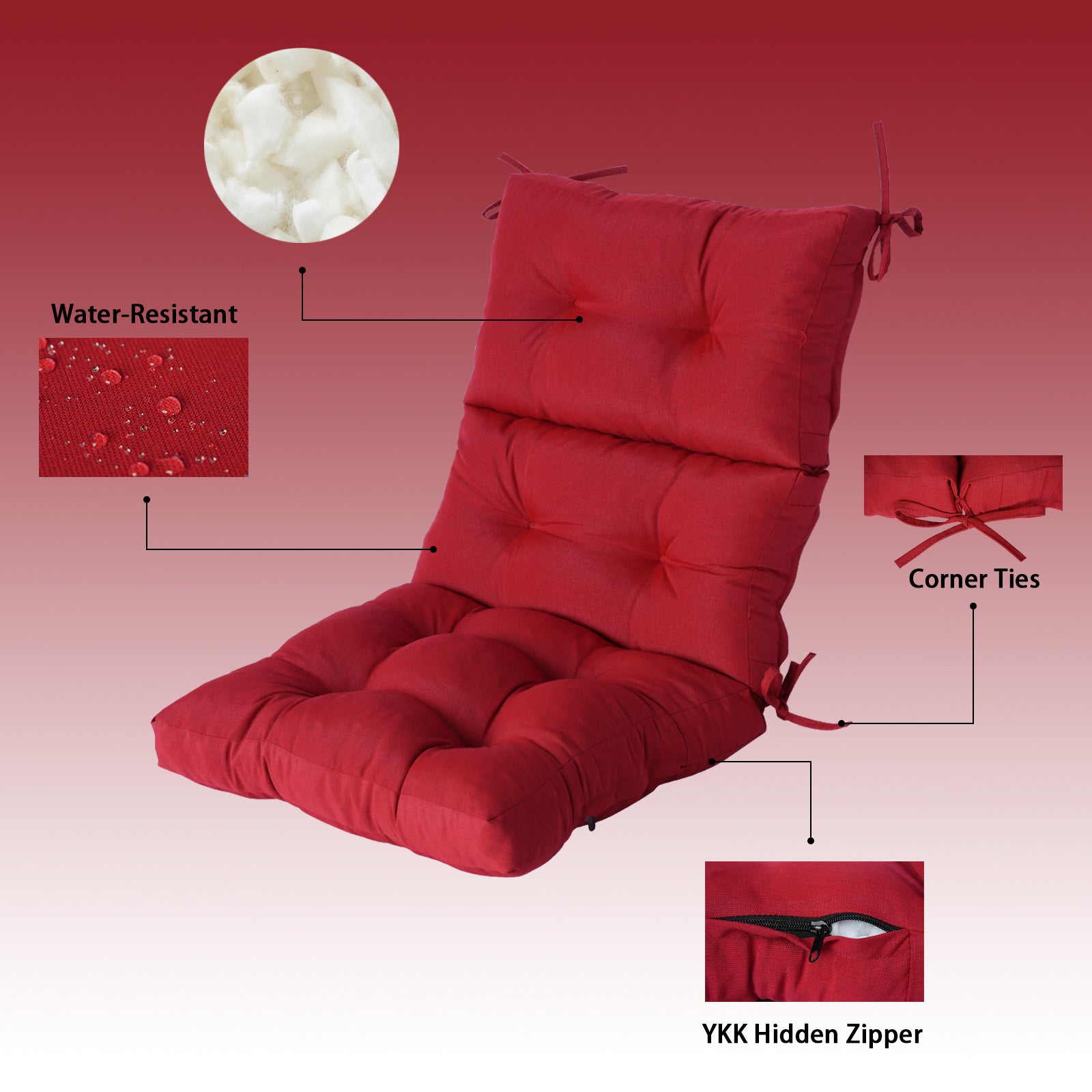 GoodGoods Tufted Outdoor High-Back Chair Cushion 22x44 in - Red water-resistant fabric and construction details