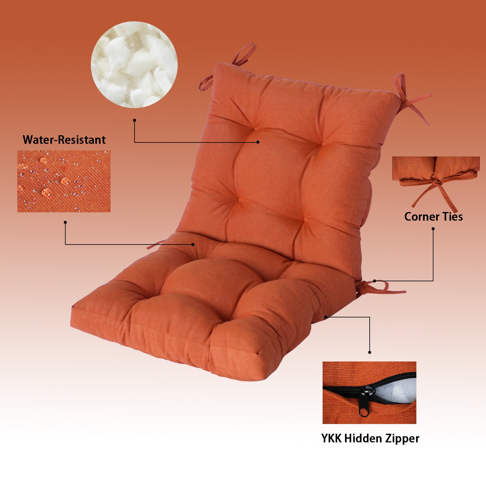 GoodGoods Tufted Outdoor High-Back Chair Cushion 20x40 in - Orange water-resistant fabric and construction details