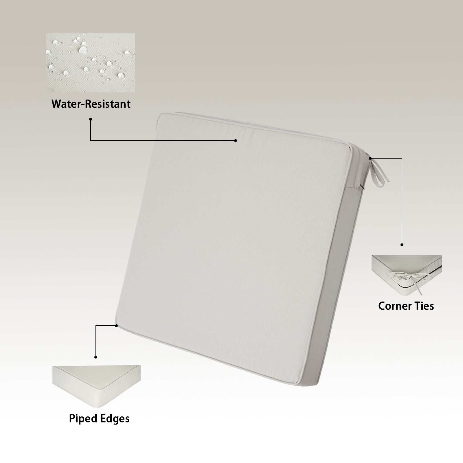 GoodGoods Outdoor Seat Cushion 24x24 in - Beige water-resistant fabric and construction details
