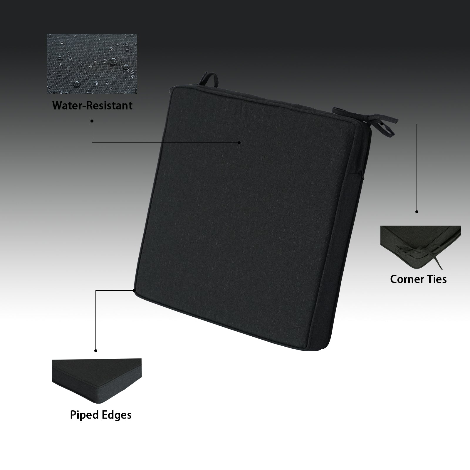 GoodGoods Outdoor Seat Cushion 20x20 in - Black water-resistant fabric and construction details