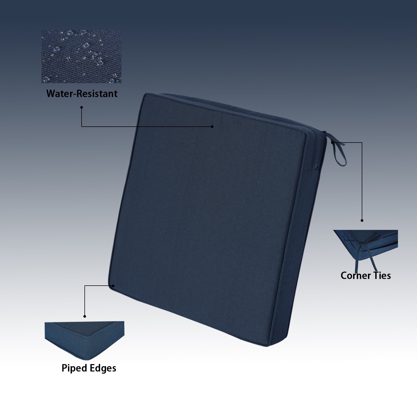 GoodGoods Outdoor Seat Cushion 24x24 in - Dark Blue water-resistant fabric and construction details