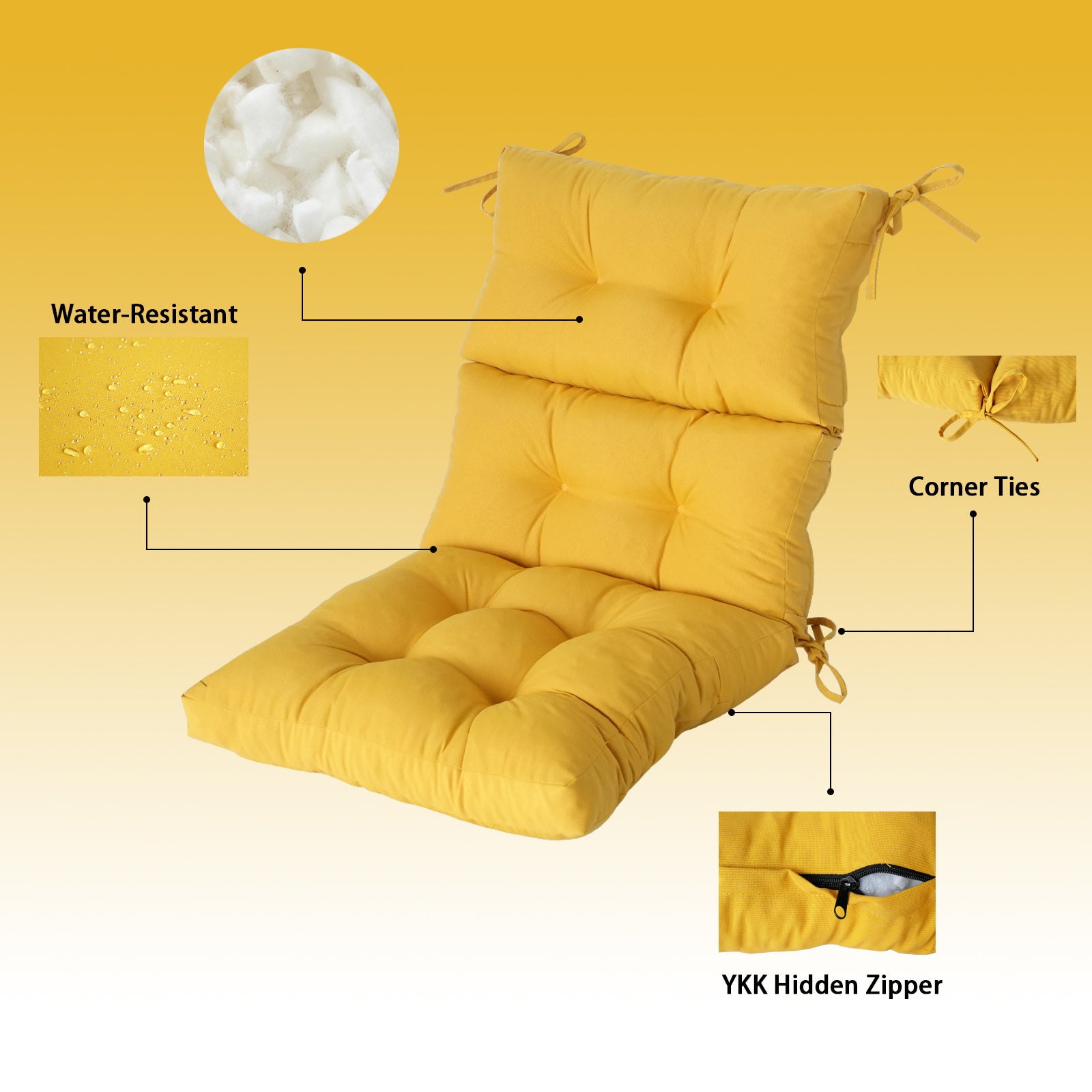 GoodGoods Tufted Outdoor High-Back Chair Cushion 22x44 in - Yellow water-resistant fabric and construction details
