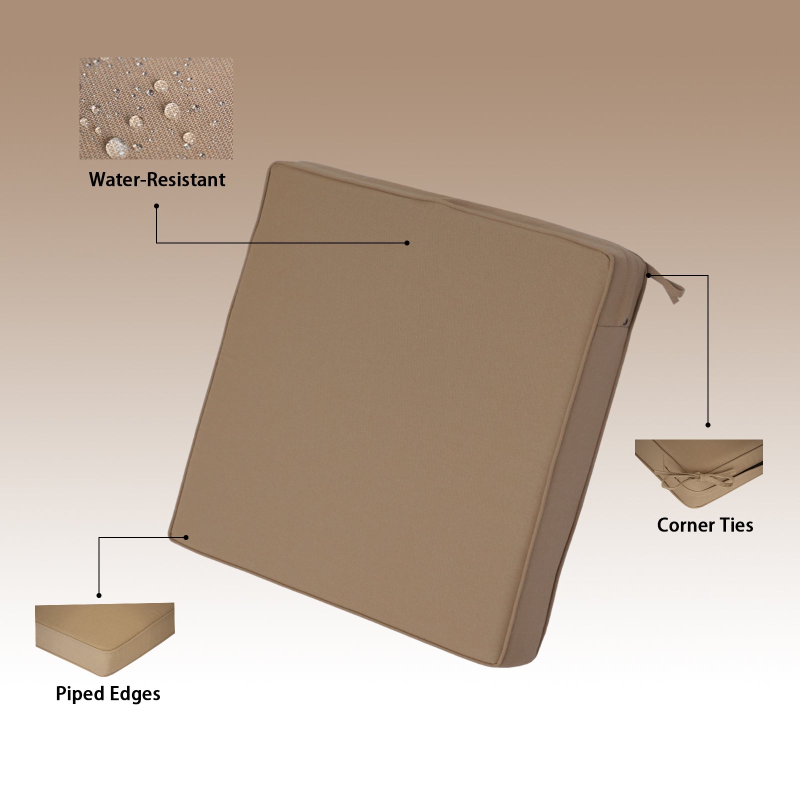 GoodGoods Outdoor Seat Cushion 24x24 in - Brown water-resistant fabric and construction details