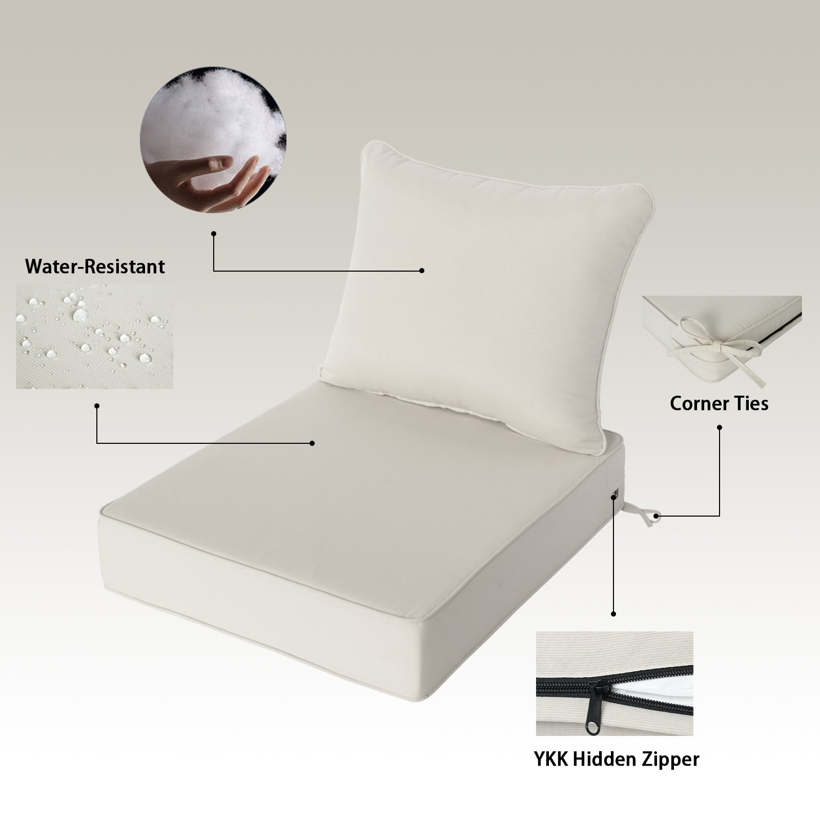 GoodGoods Deep Seat Outdoor Cushion Set 24x28 in - Beige water-resistant fabric and construction details
