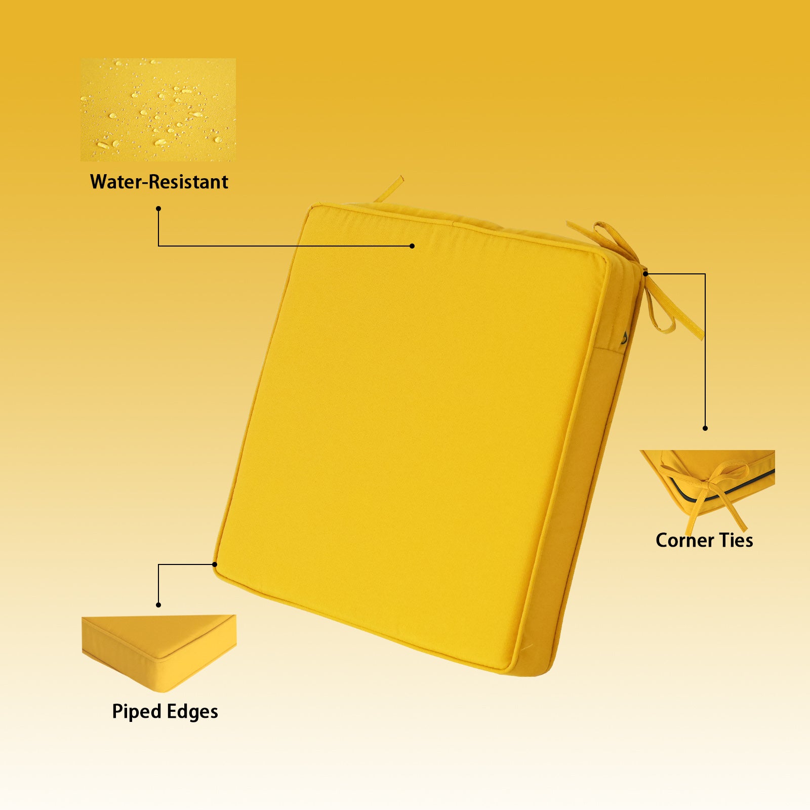 GoodGoods Outdoor Seat Cushion 20x20 in - Yellow water-resistant fabric and construction details