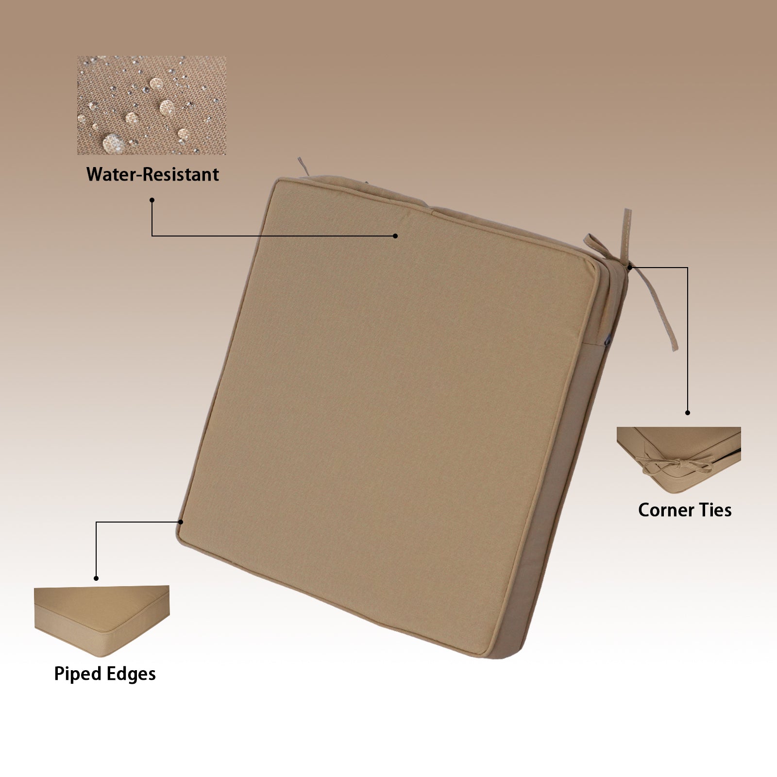 GoodGoods Outdoor Seat Cushion 20x20 in - Brown water-resistant fabric and construction details