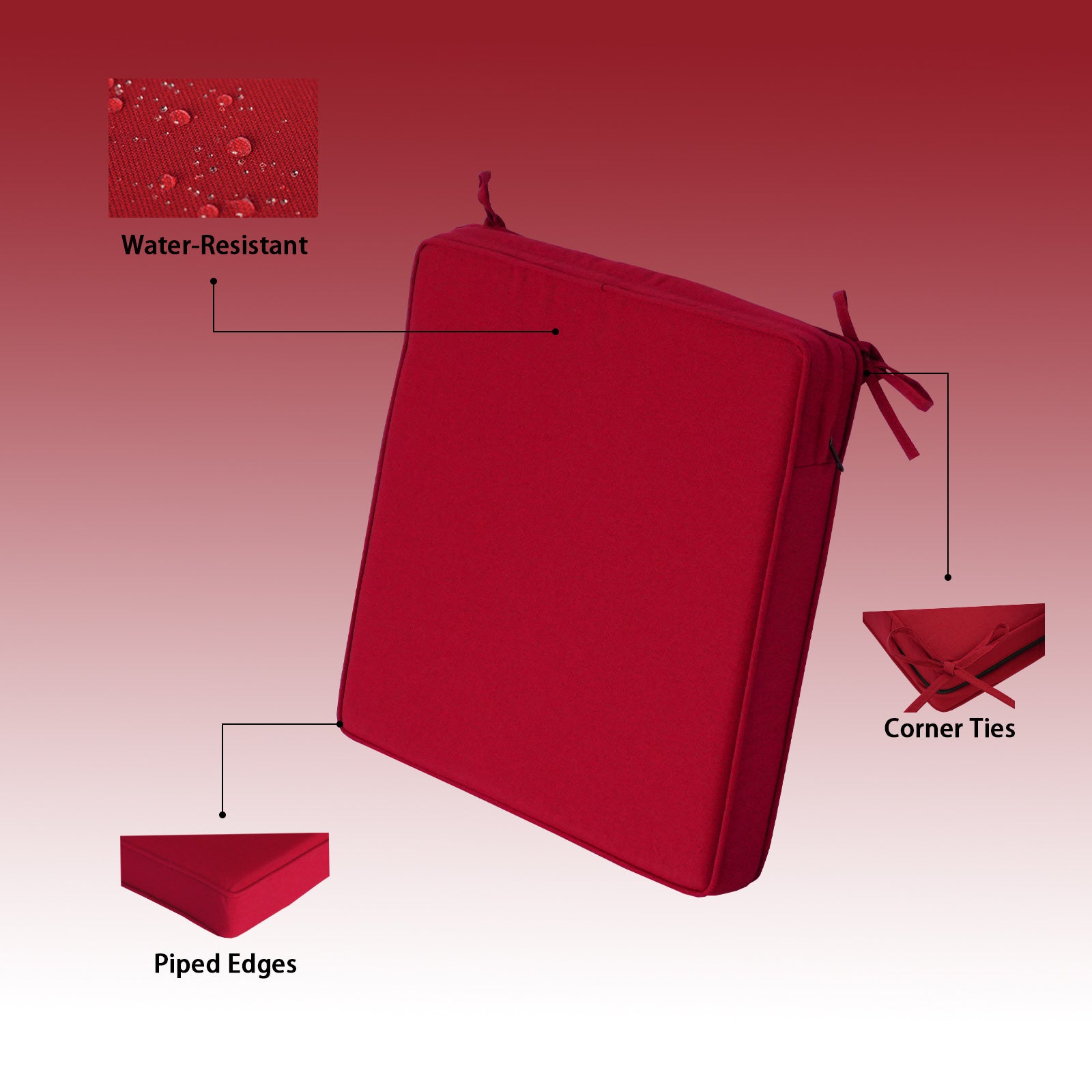 GoodGoods Outdoor Seat Cushion 20x20 in - Red water-resistant fabric and construction details