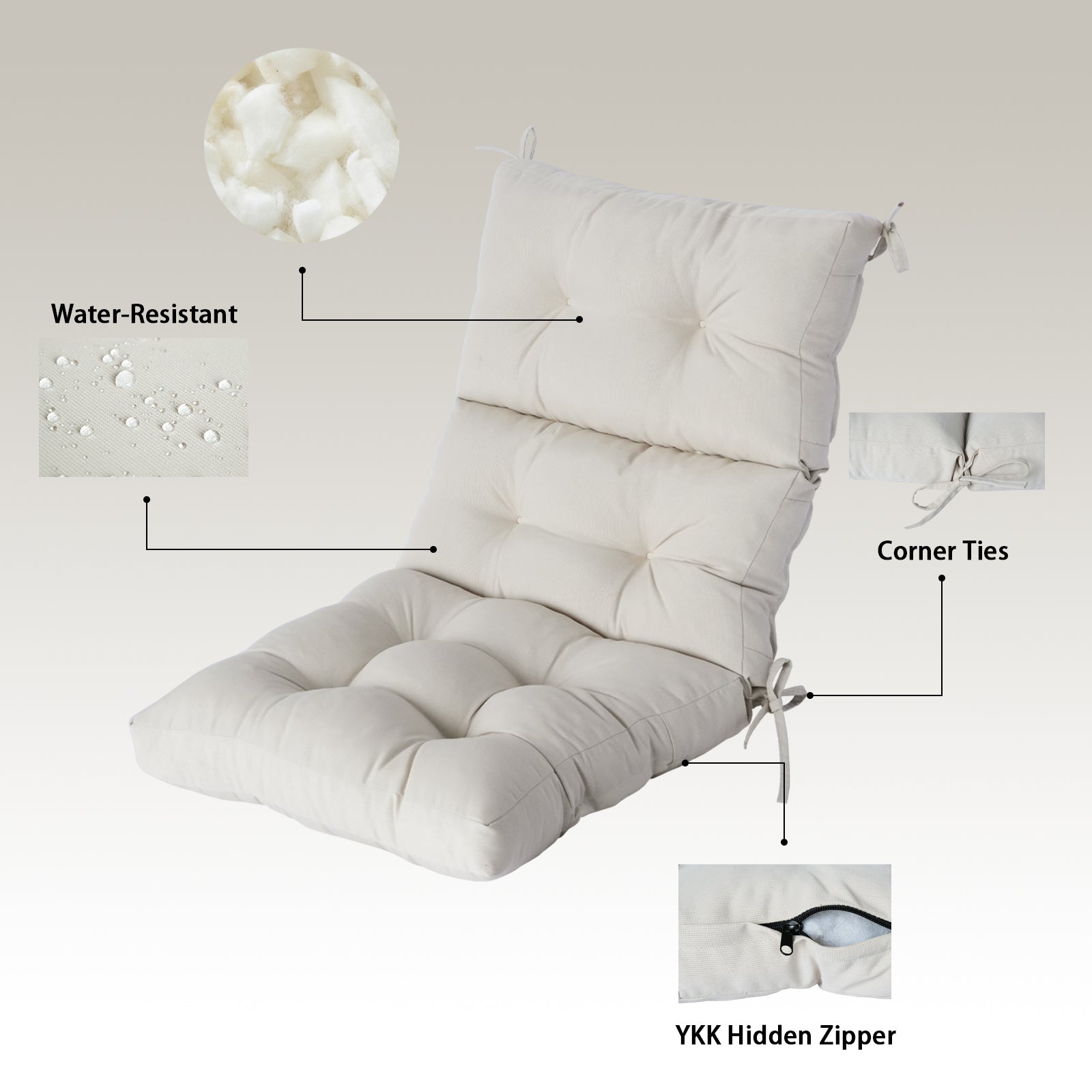 GoodGoods Tufted Outdoor High-Back Chair Cushion 22x44 in - Beige water-resistant fabric and construction details