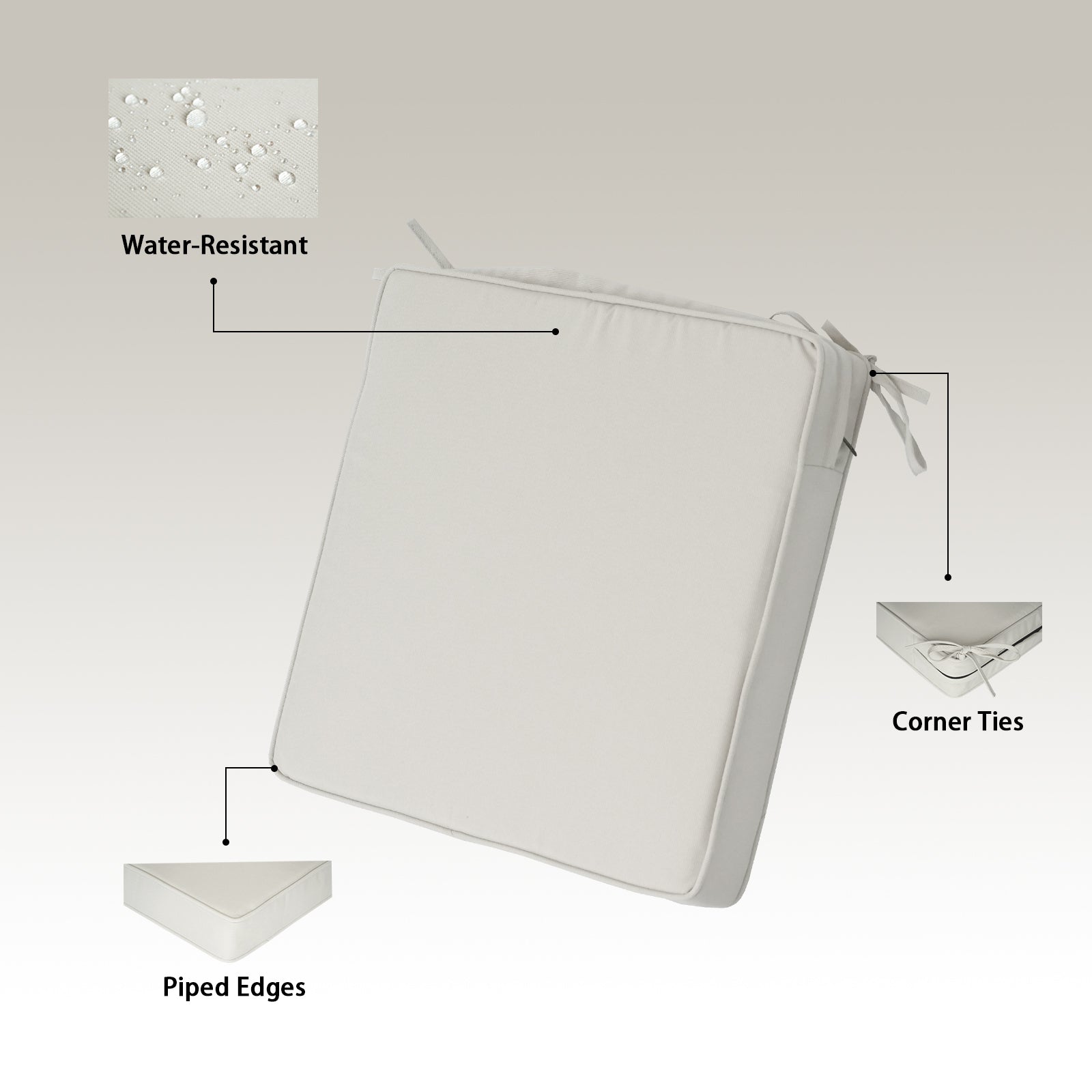 GoodGoods Outdoor Seat Cushion 20x20 in - Beige water-resistant fabric and construction details