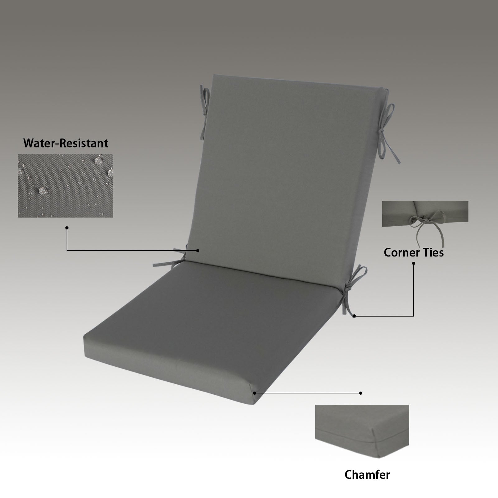 GoodGoods Outdoor High-Back Chair Cushion 22x44 in - Gray water-resistant fabric and construction details