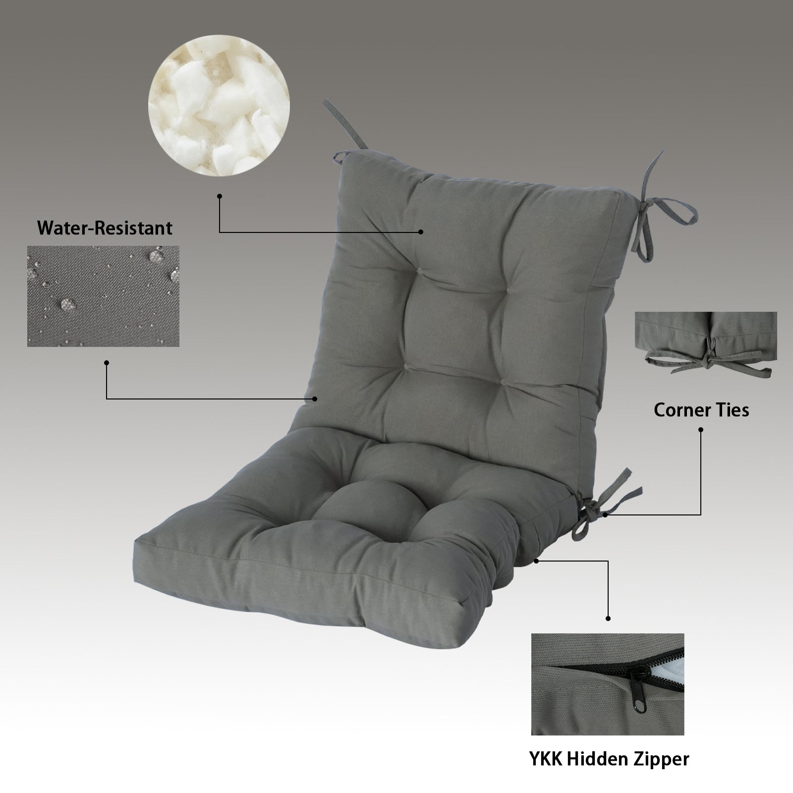 GoodGoods Tufted Outdoor High-Back Chair Cushion 20x40 in - Gray water-resistant fabric and construction details