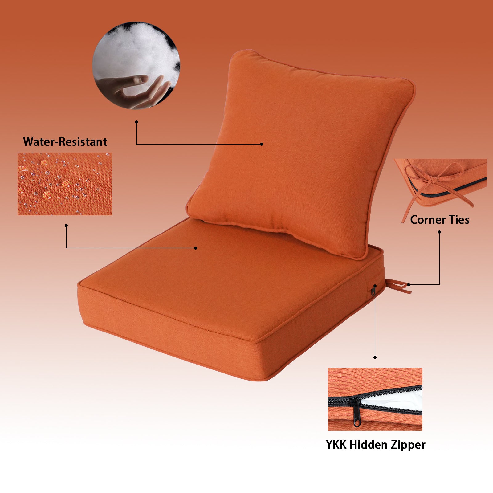 GoodGoods Deep Seat Outdoor Cushion Set 24x24 in - Orange water-resistant fabric and construction details
