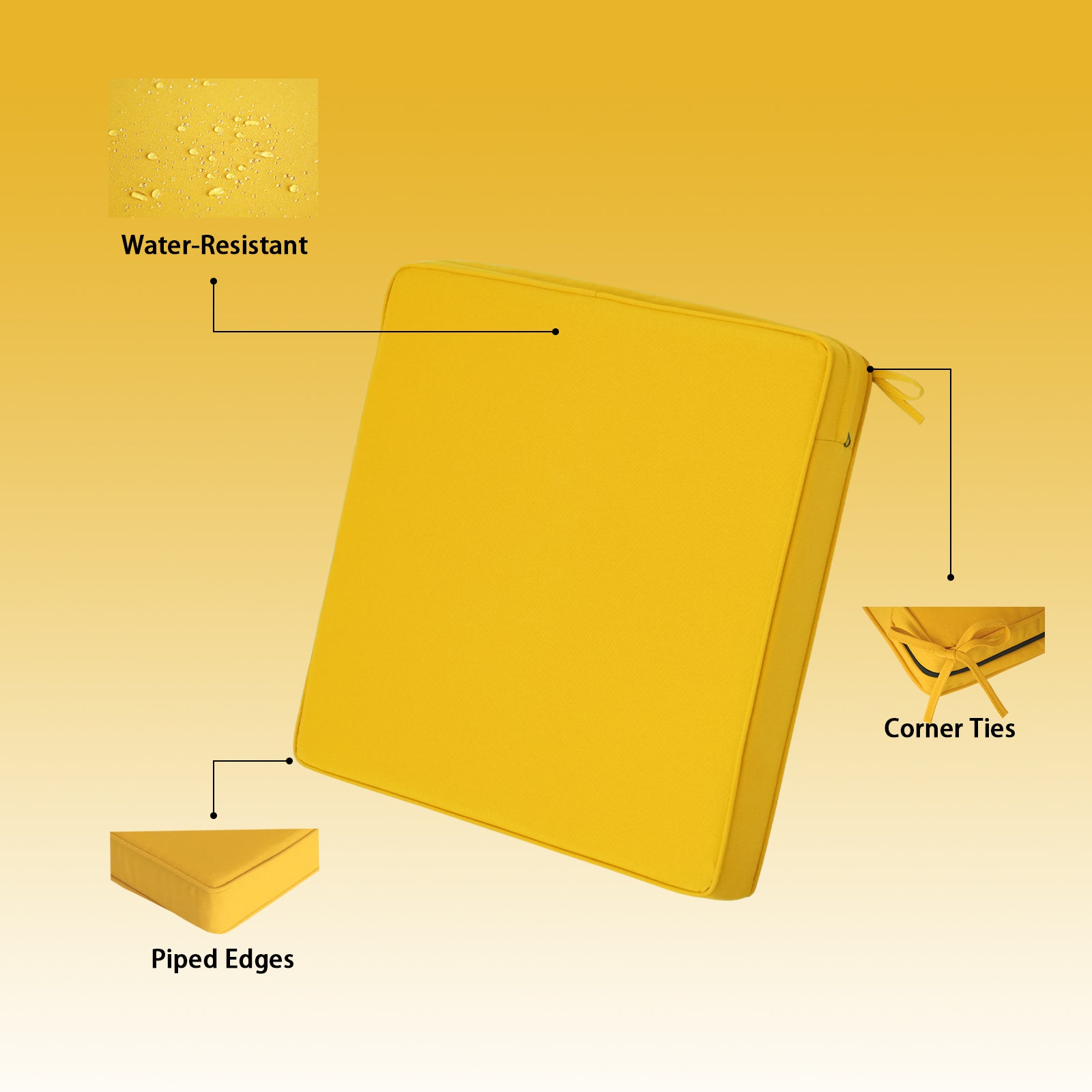 GoodGoods Outdoor Seat Cushion 24x24 in - Yellow water-resistant fabric and construction details