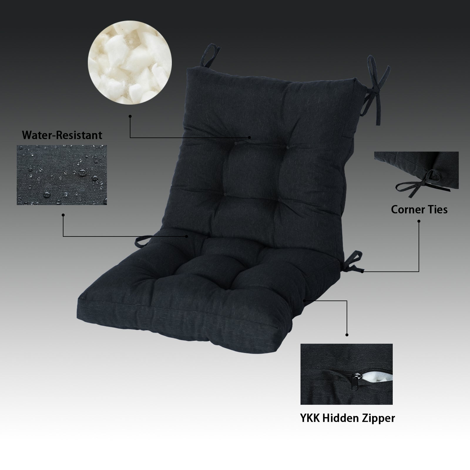 GoodGoods Tufted Outdoor High-Back Chair Cushion 20x40 in - Black water-resistant fabric and construction details