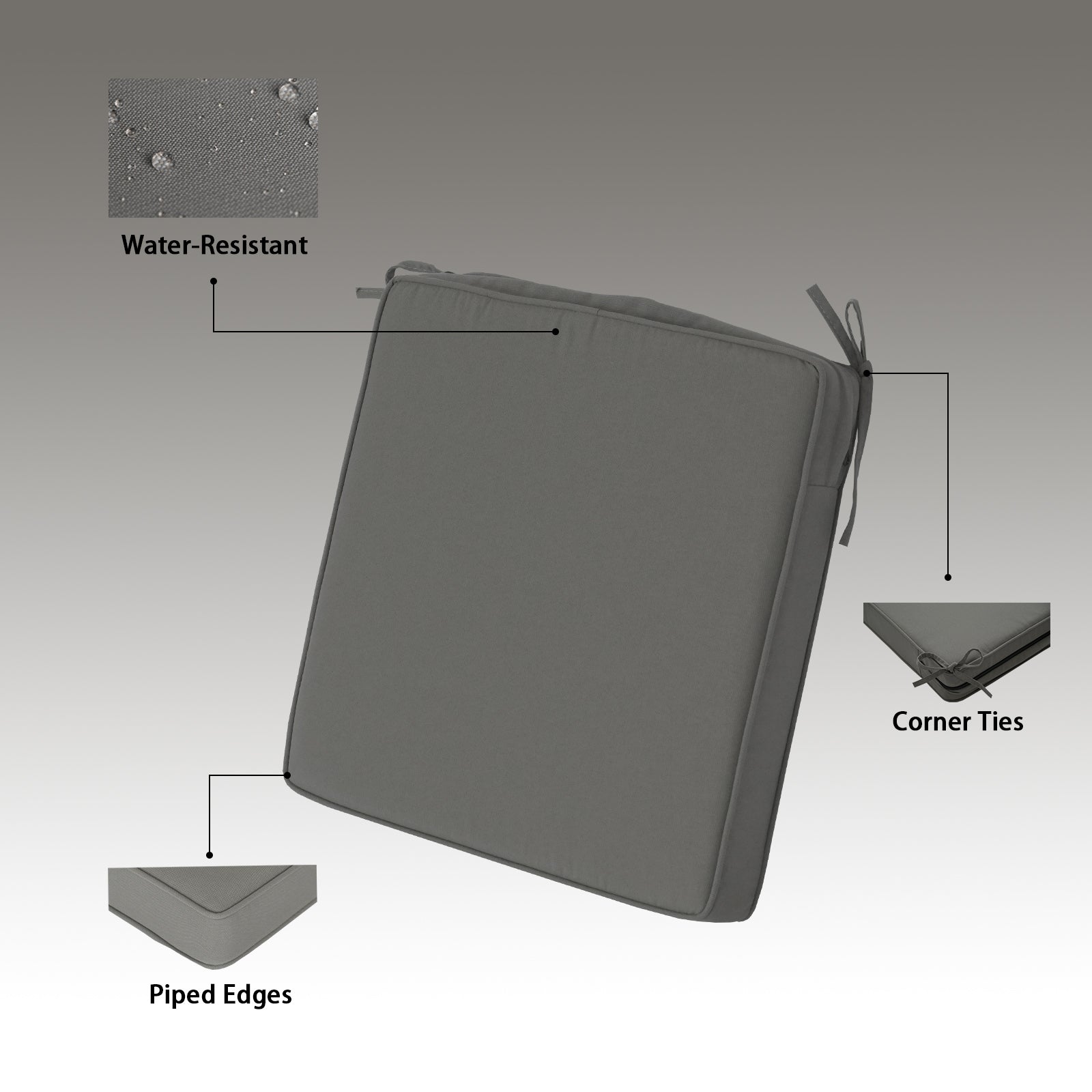 GoodGoods Outdoor Seat Cushion 20x20 in - Gray water-resistant fabric and construction details