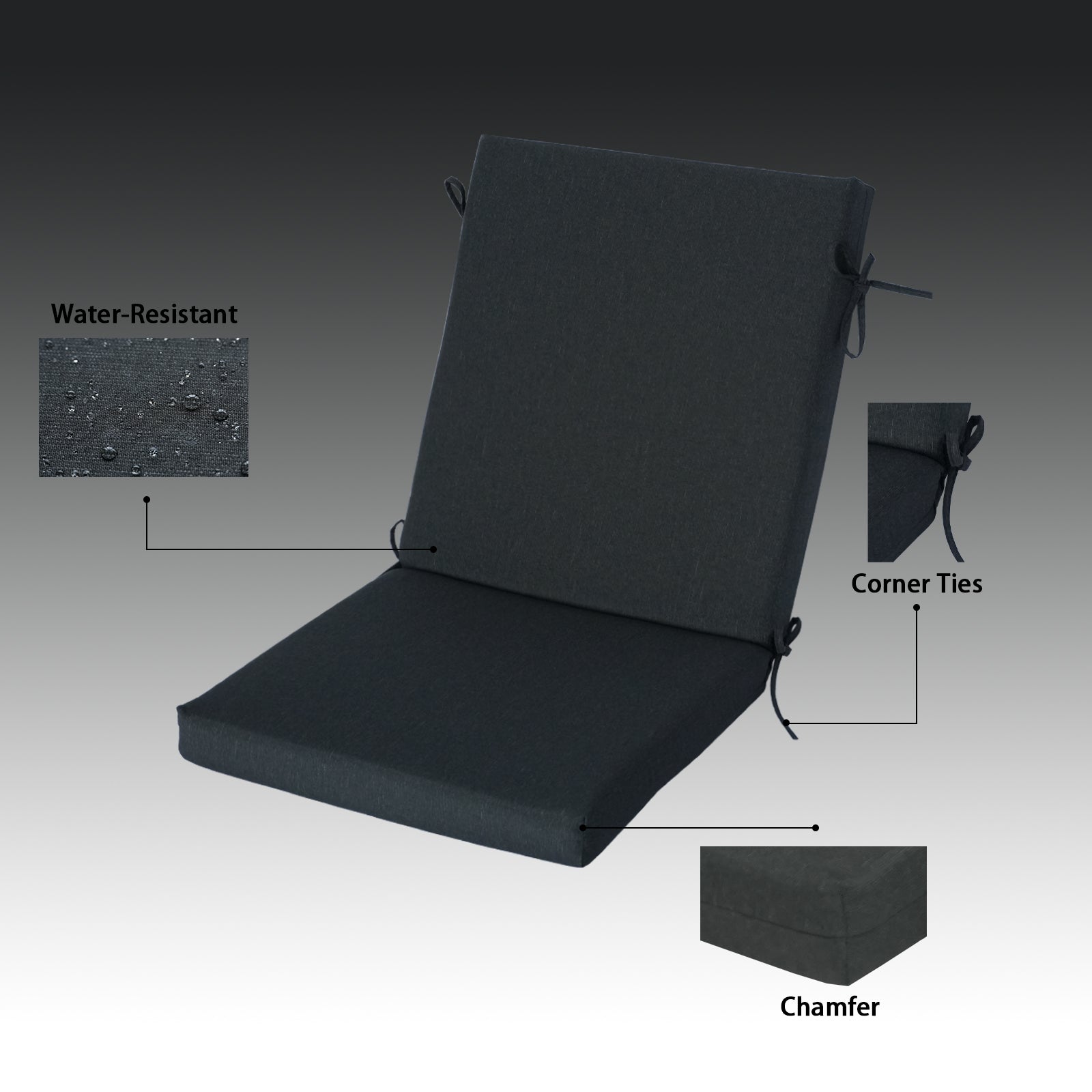 GoodGoods Outdoor High-Back Chair Cushion 22x44 in - Black water-resistant fabric and construction details