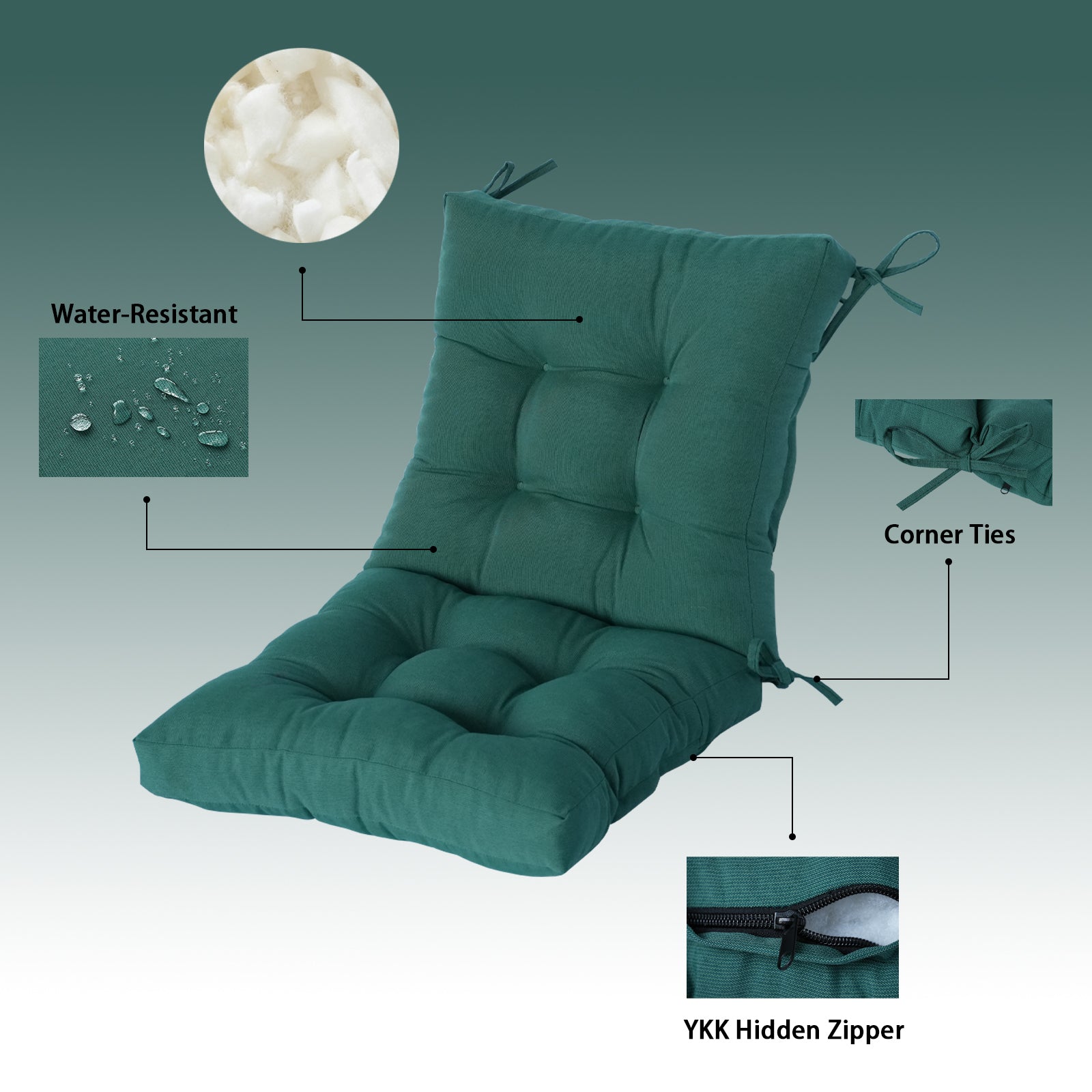 GoodGoods Tufted Outdoor High-Back Chair Cushion 20x40 in - Deep Green water-resistant fabric and construction details