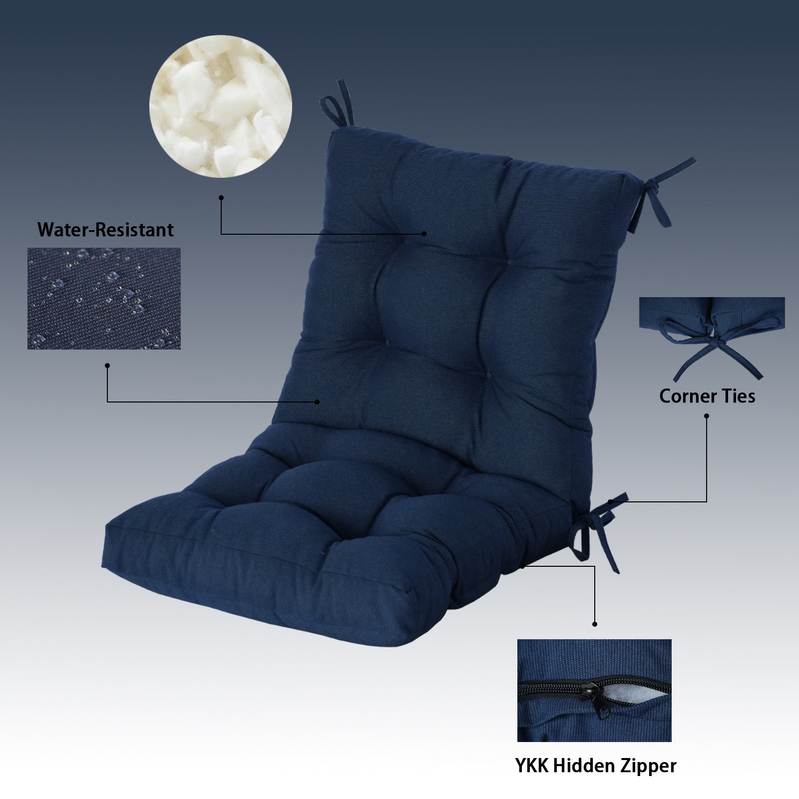 GoodGoods Tufted Outdoor High-Back Chair Cushion 20x40 in - Dark Blue water-resistant fabric and construction details