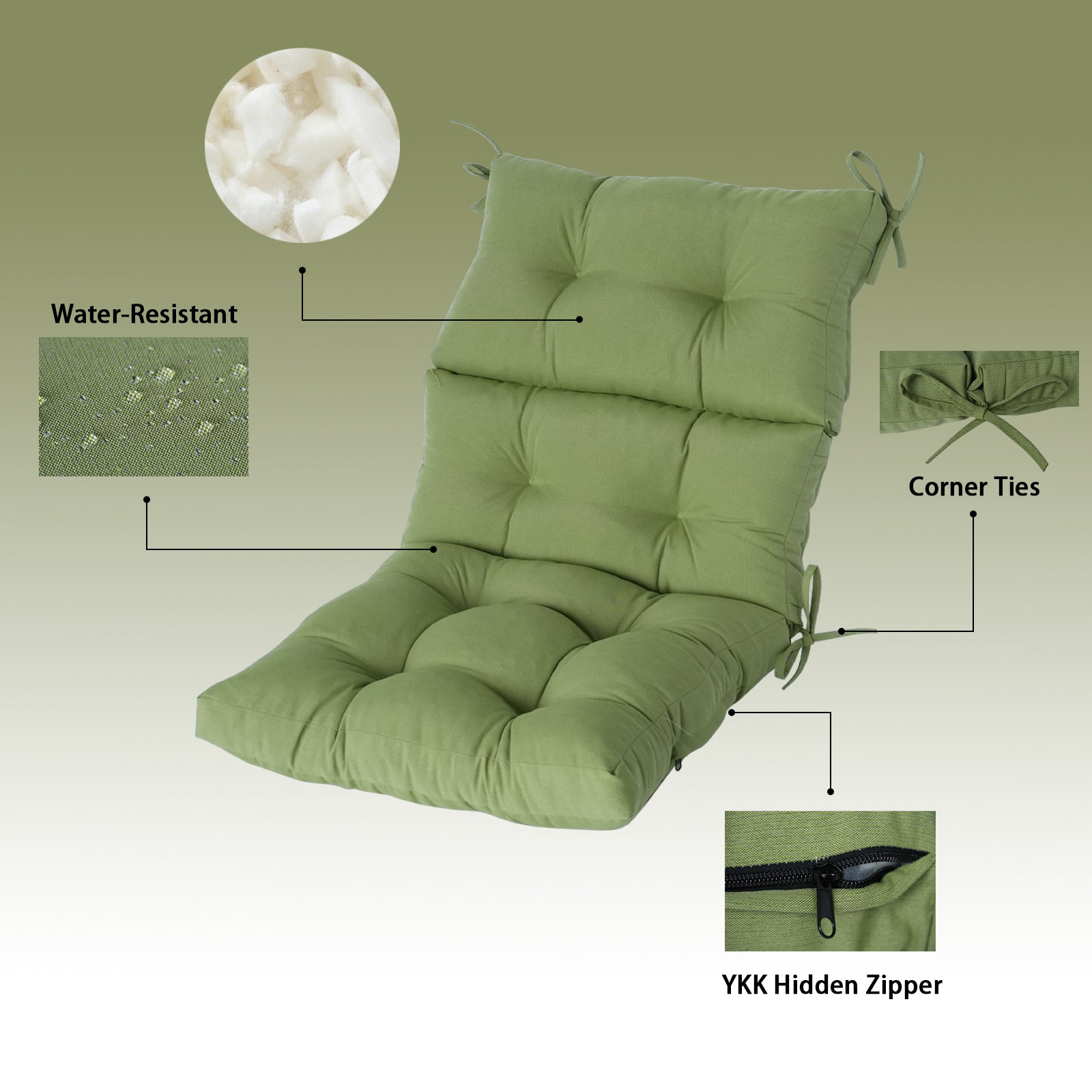 GoodGoods Tufted Outdoor High-Back Chair Cushion 22x44 in - Light Green water-resistant fabric and construction details
