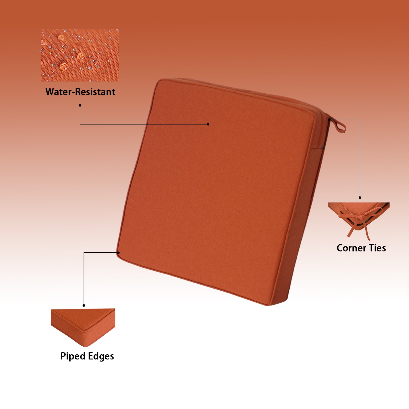 GoodGoods Outdoor Seat Cushion 24x24 in - Orange water-resistant fabric and construction details