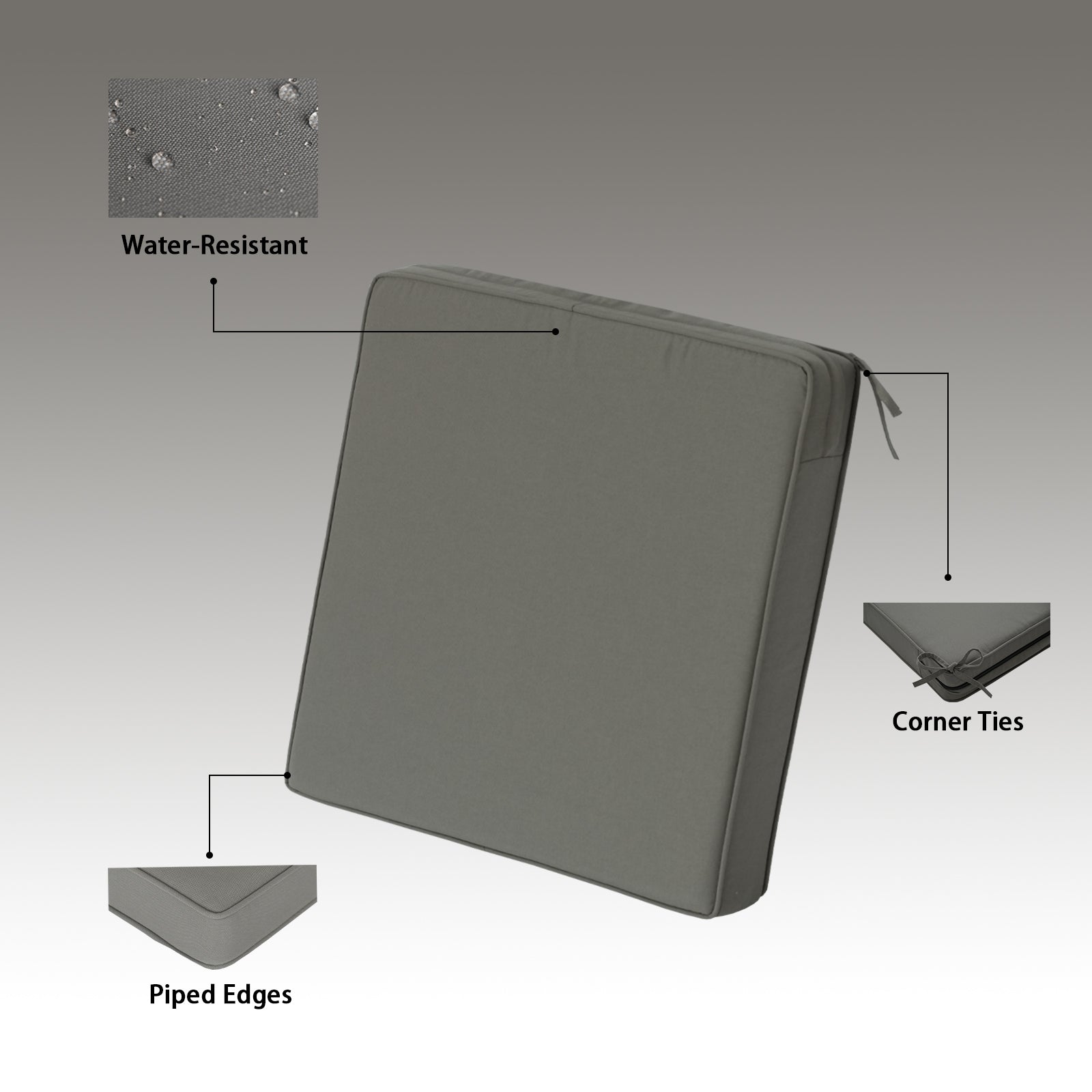 GoodGoods Outdoor Seat Cushion 24x24 in - Gray water-resistant fabric and construction details
