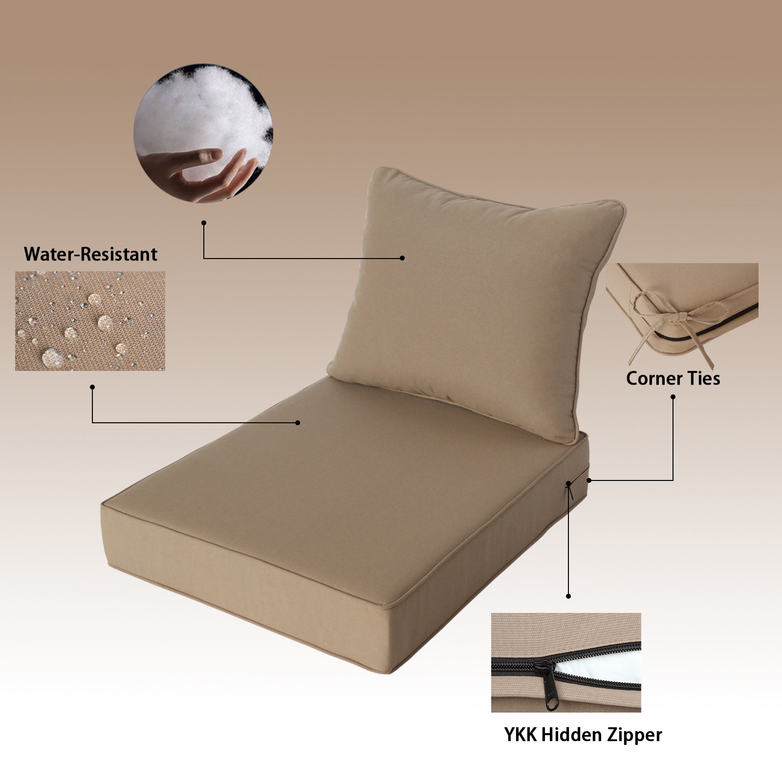 GoodGoods Deep Seat Outdoor Cushion Set 24x28 in - Brown water-resistant fabric and construction details