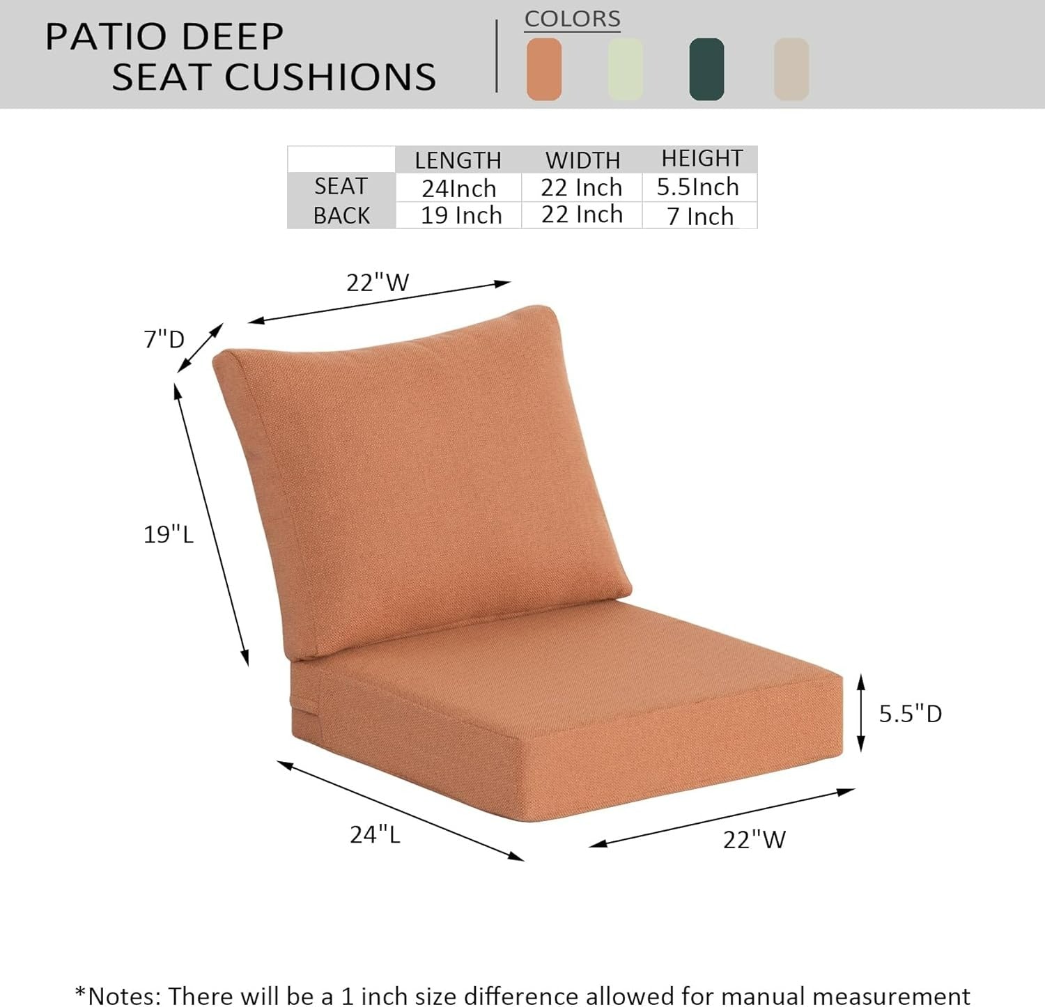 Outdoor Deep Seat Cushions 22x24 in 2 Packs - Tangerine