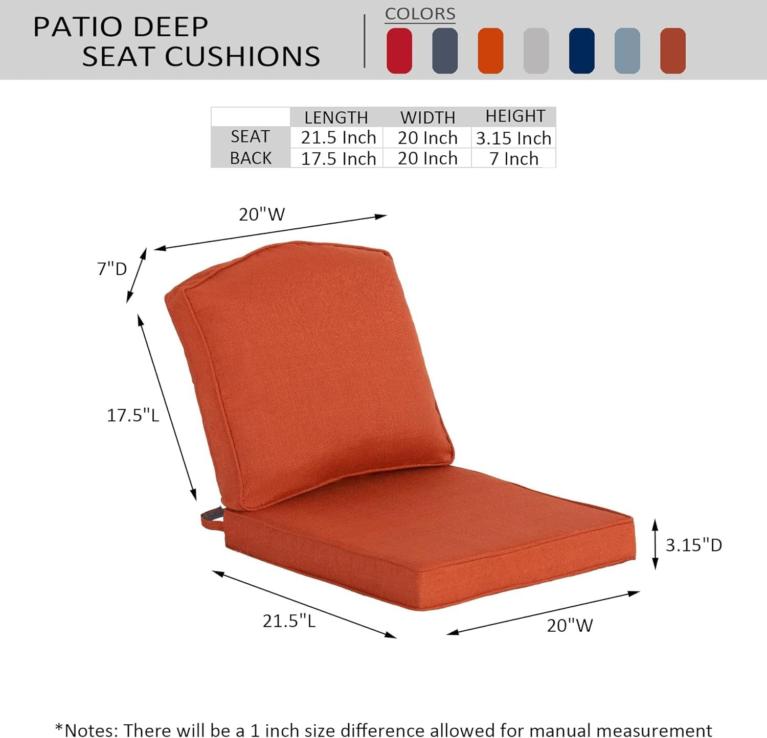 Premium Deep Seating Cushion 20x21.5 in 1 Pack - Quarry Red