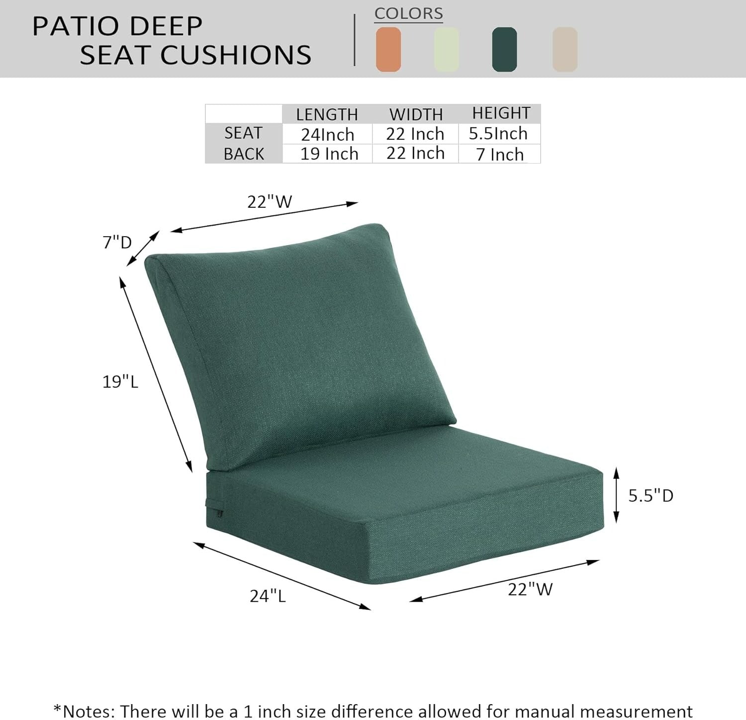 Premium Deep Seat Patio Cushion 22x24 in 2 Packs - Deep Teal