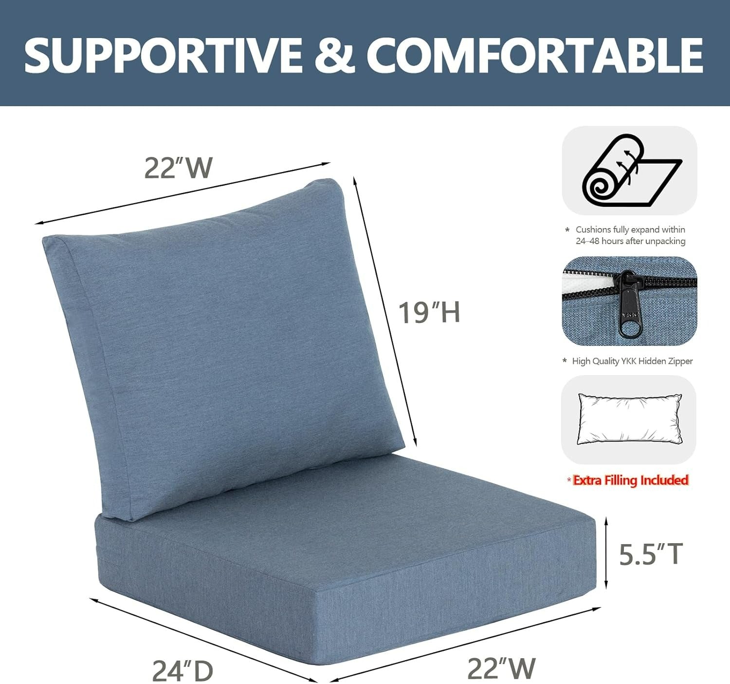 GoodGoods Premium Sunbrella® Deep Seat Cushion 22x24 in 2 Packs - Denim