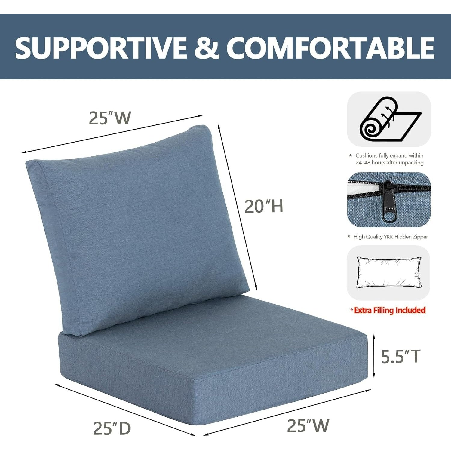 GoodGoods Premium Sunbrella® Deep Seat Cushion 25x25 in 2 Packs - Denim