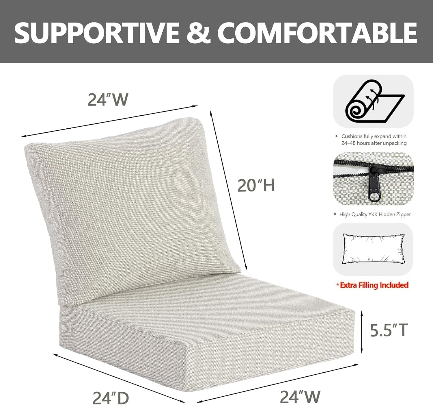 GoodGoods Deep Seat Cushion 24x24 in 2 Packs - Light Gray