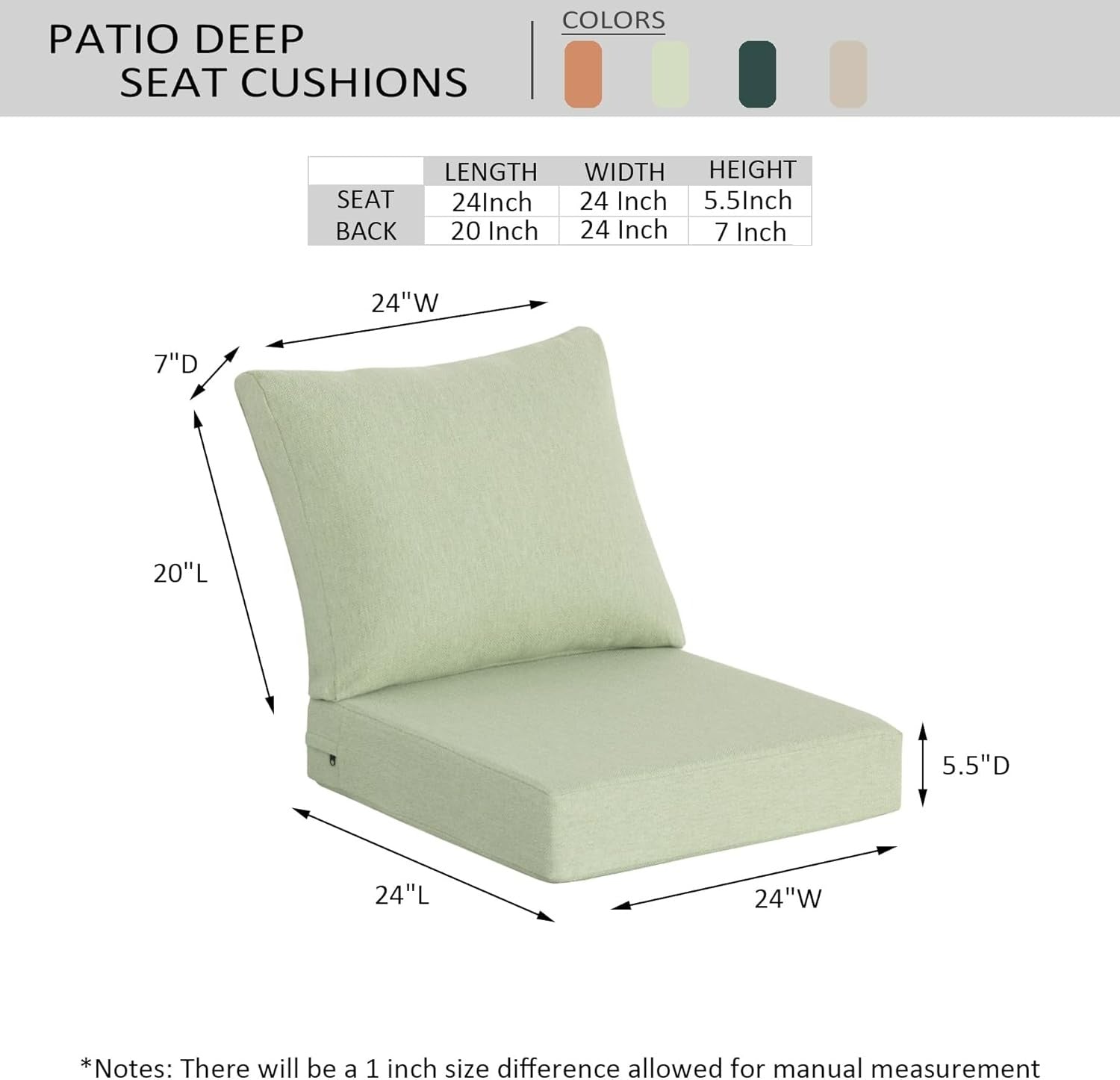 GoodGoods Deep Seat Cushion 24x24 in 2 Packs - Mint Green
