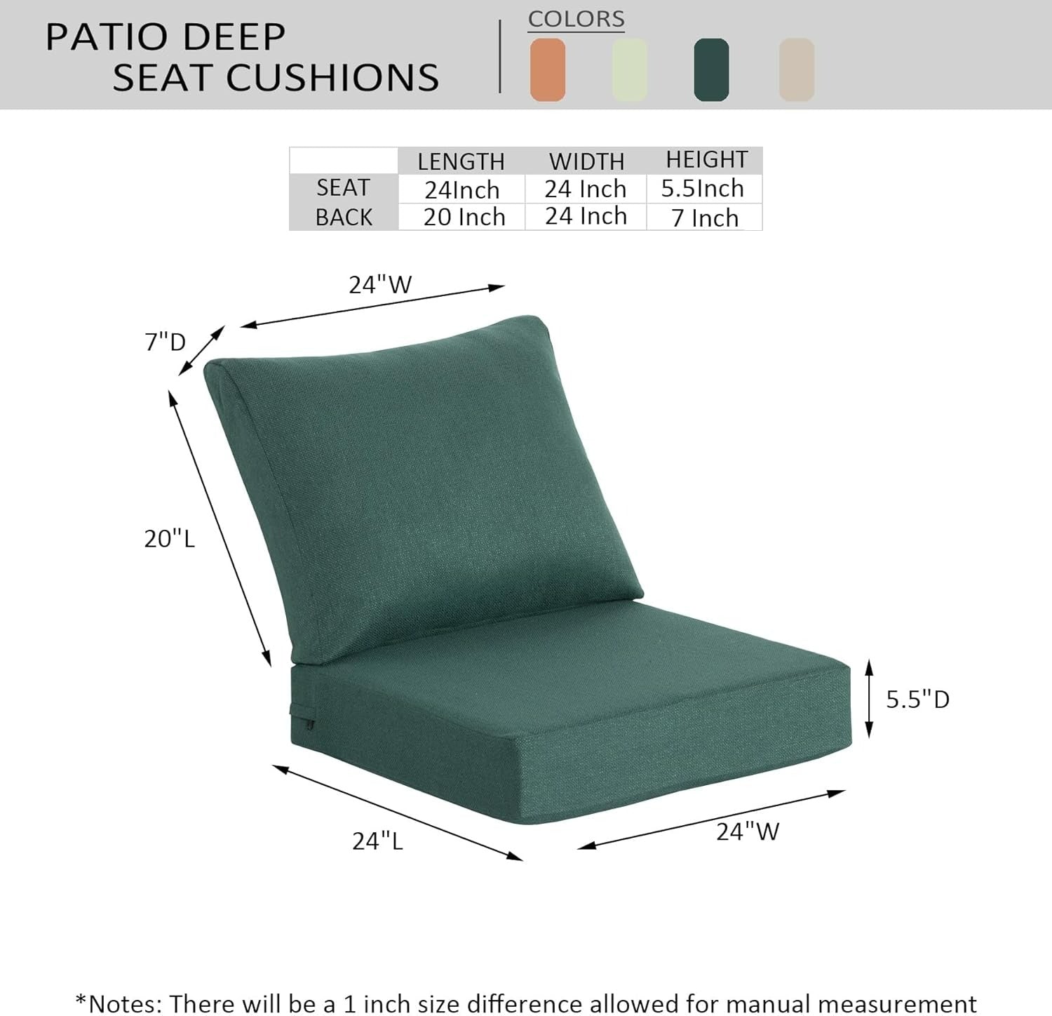 Premium Deep Seat Patio Cushion Set (2 Sets) - 24" x 24" x 5.5" All-Weather Deep Teal