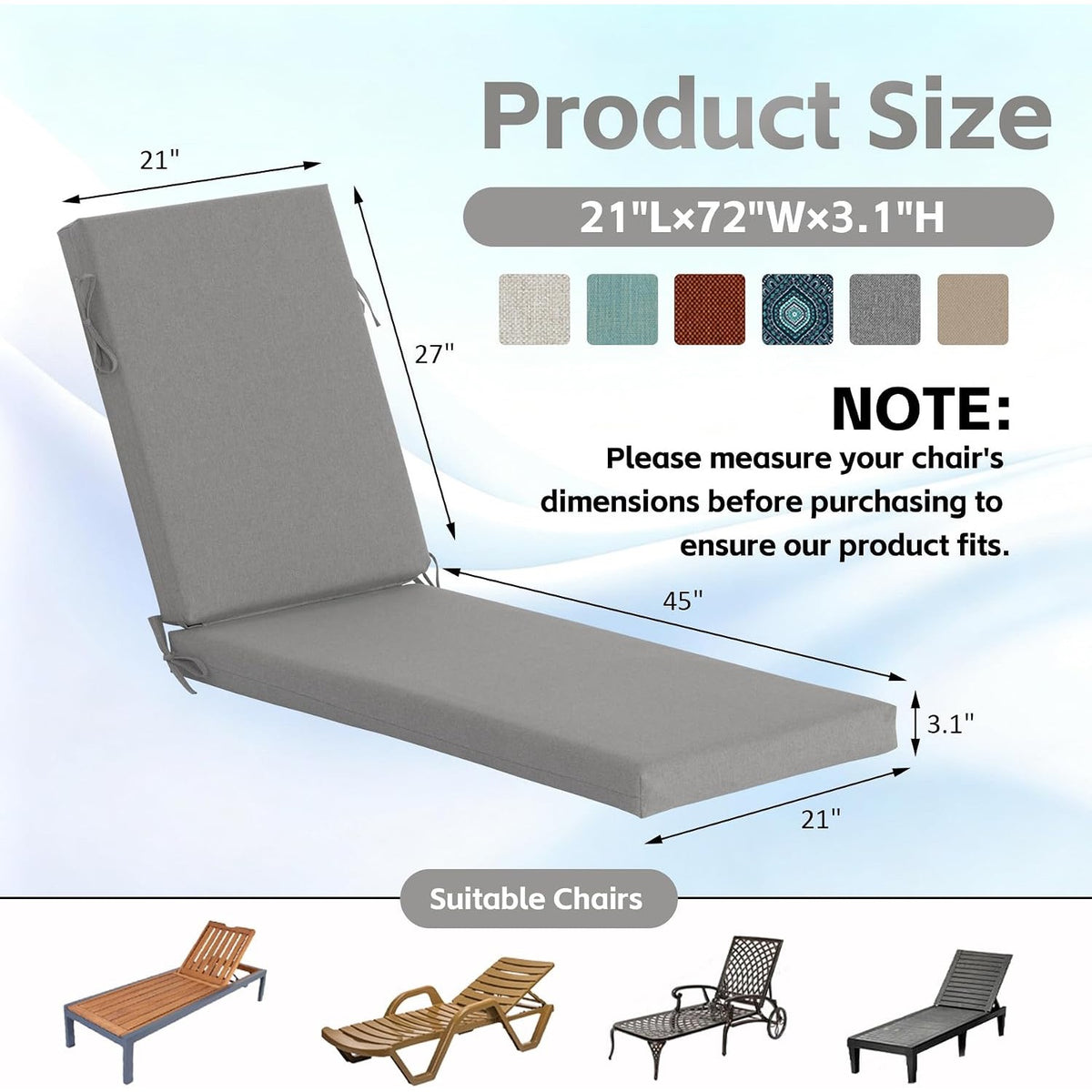 GoodGoods Outdoor Chaise Lounge Cushion 21x72 in - Light Gray