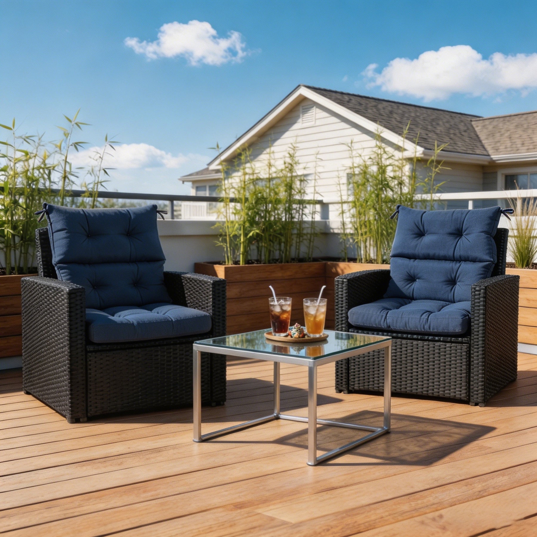 GoodGoods Tufted Outdoor High-Back Chair Cushion 22x44 in - Dark Blue lifestyle and product view 5
