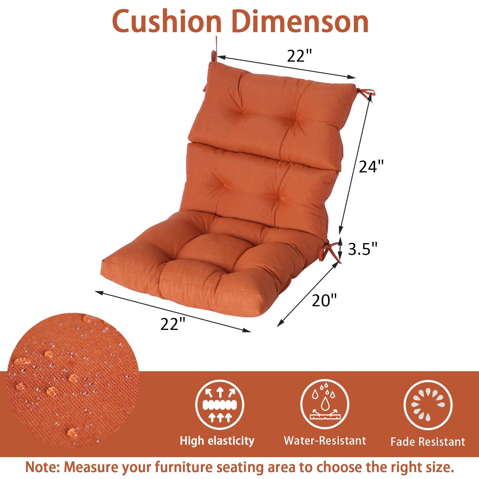 GoodGoods Tufted Outdoor High-Back Chair Cushion 22x44 in - Orange dimensions