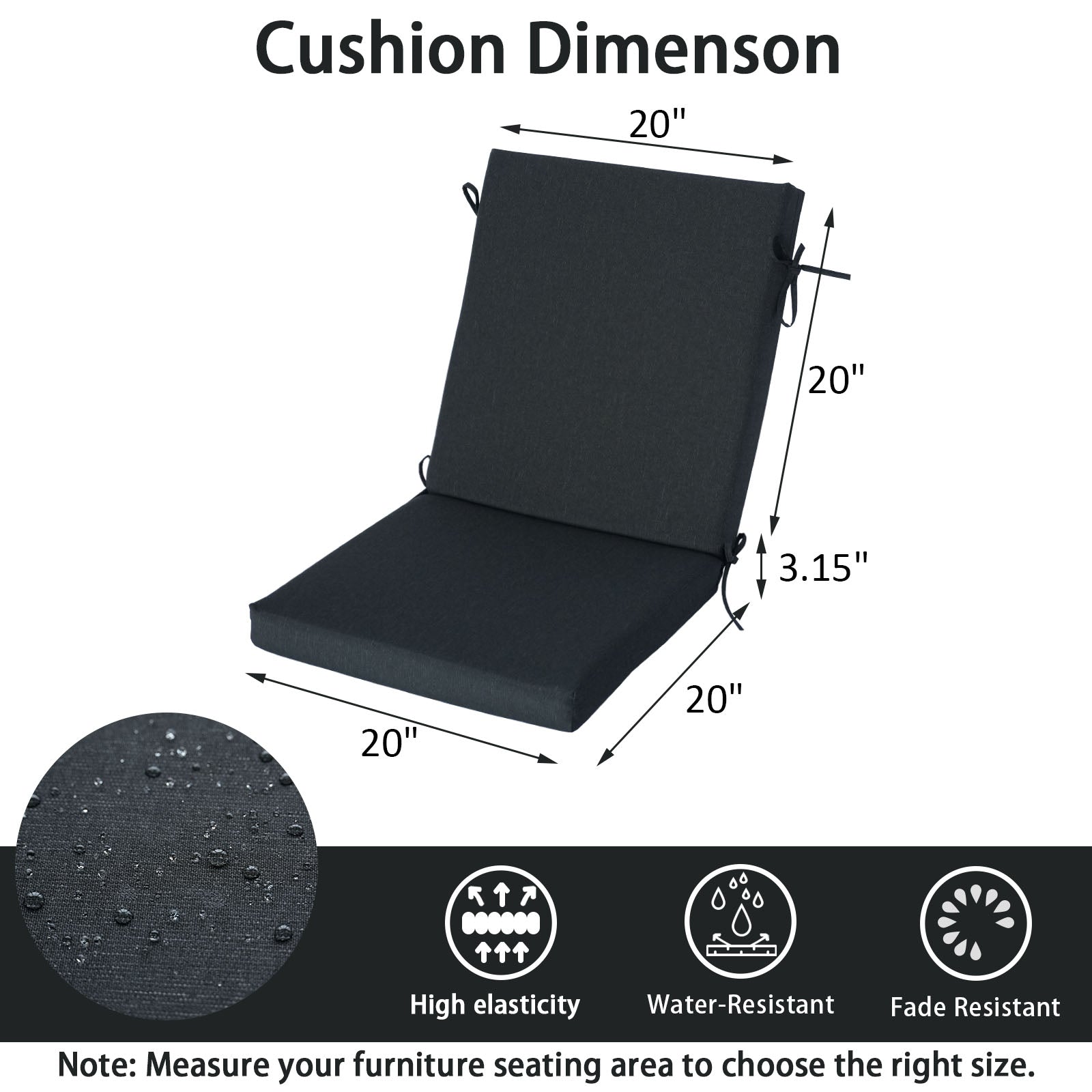 GoodGoods Outdoor High-Back Chair Cushion 20x40 in - Black dimensions