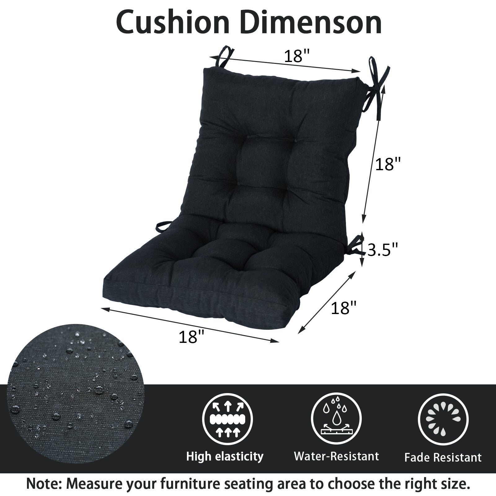 GoodGoods Tufted Outdoor High-Back Chair Cushion 18x36 in - Black dimensions